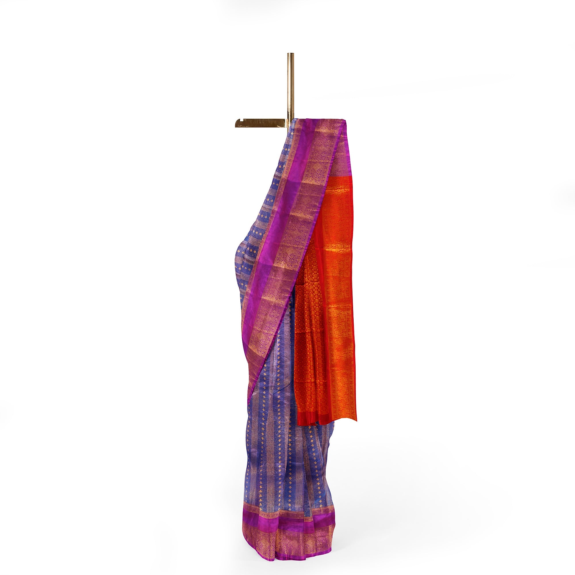 Blue Checks Saree with Zari Work and Purple Double Shade Border – Graceful Heritage Look - New Sudarshan Silks`
