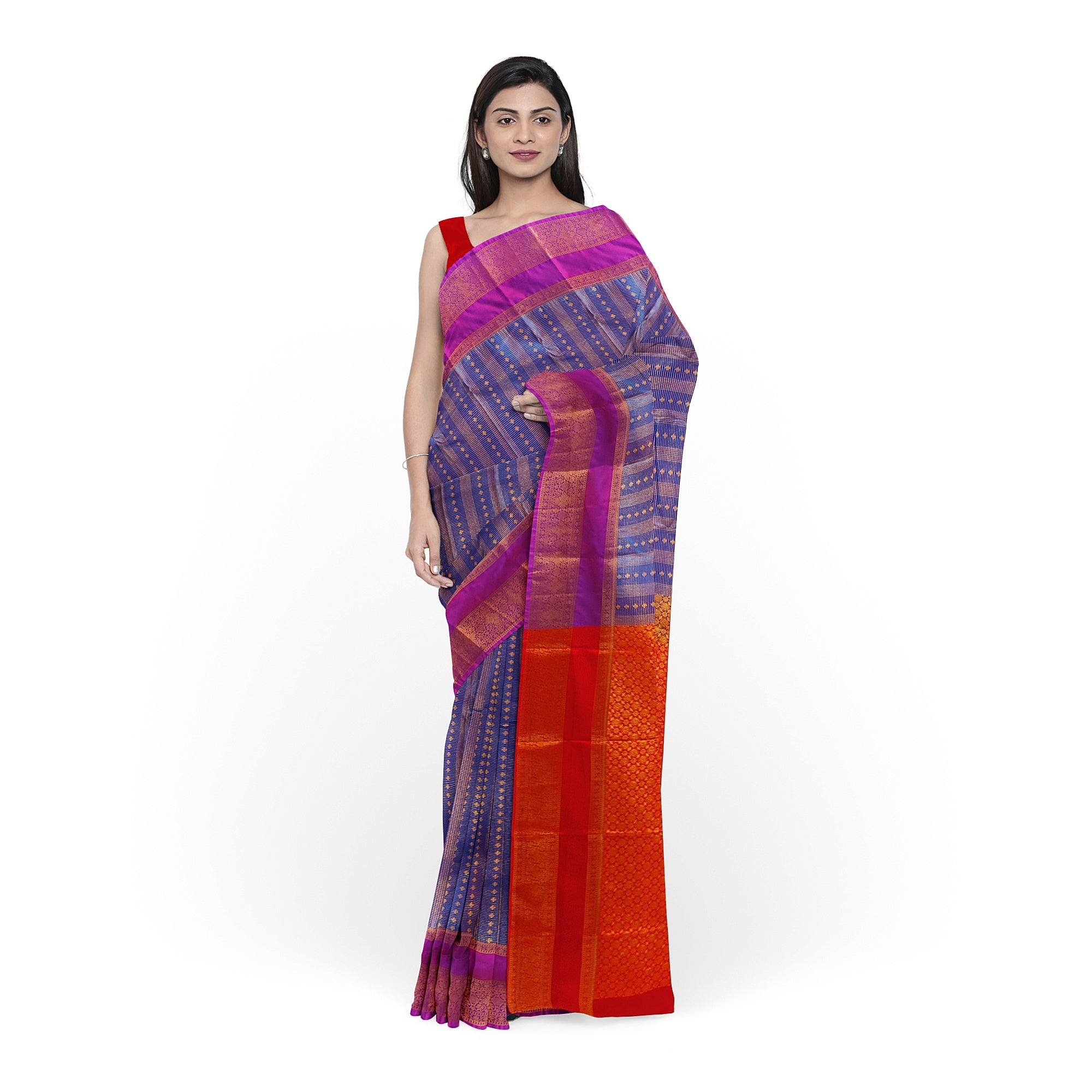 Blue Checks Saree with Zari Work and Purple Double Shade Border – Graceful Heritage Look - New Sudarshan Silks`