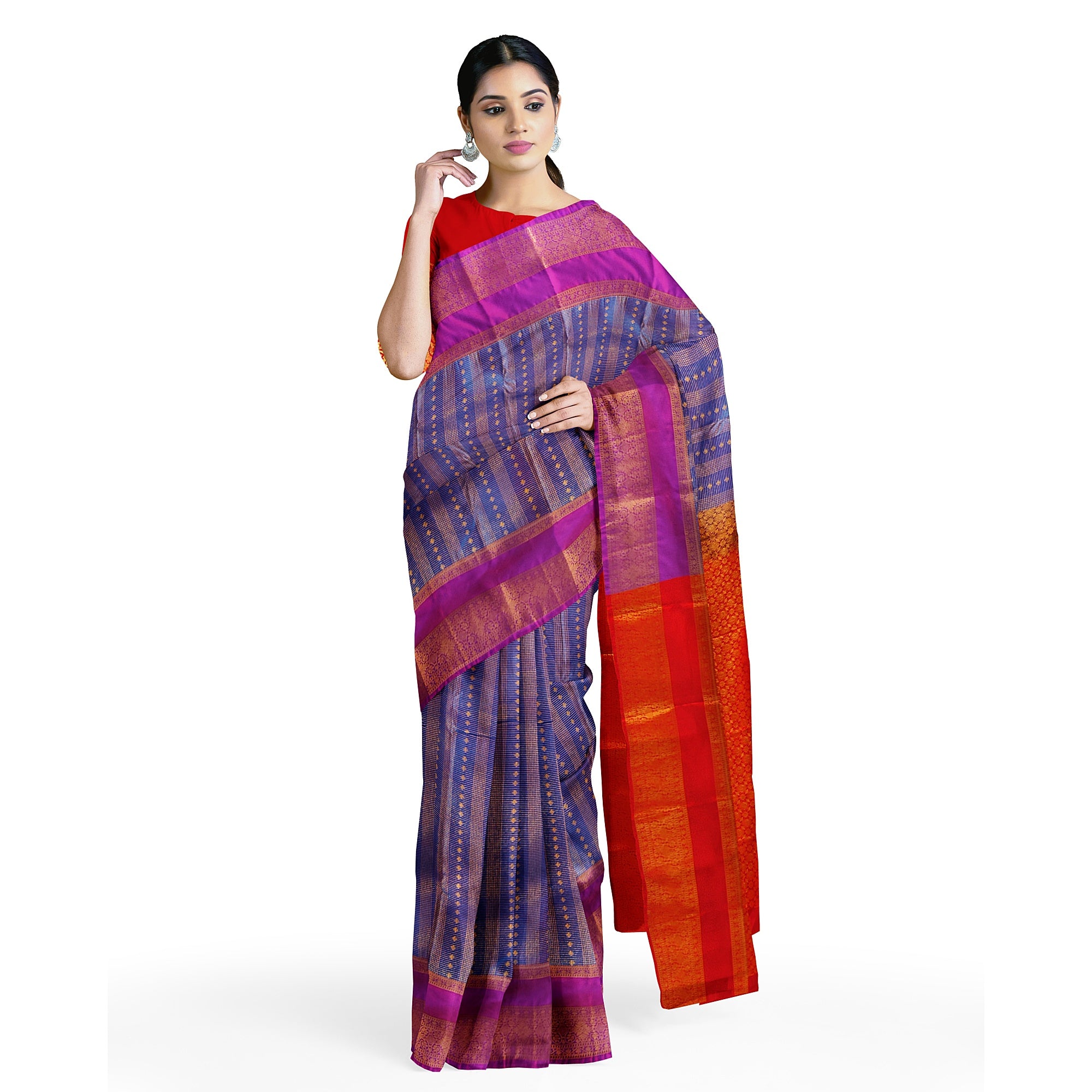 Blue Checks Saree with Zari Work and Purple Double Shade Border – Graceful Heritage Look - New Sudarshan Silks`