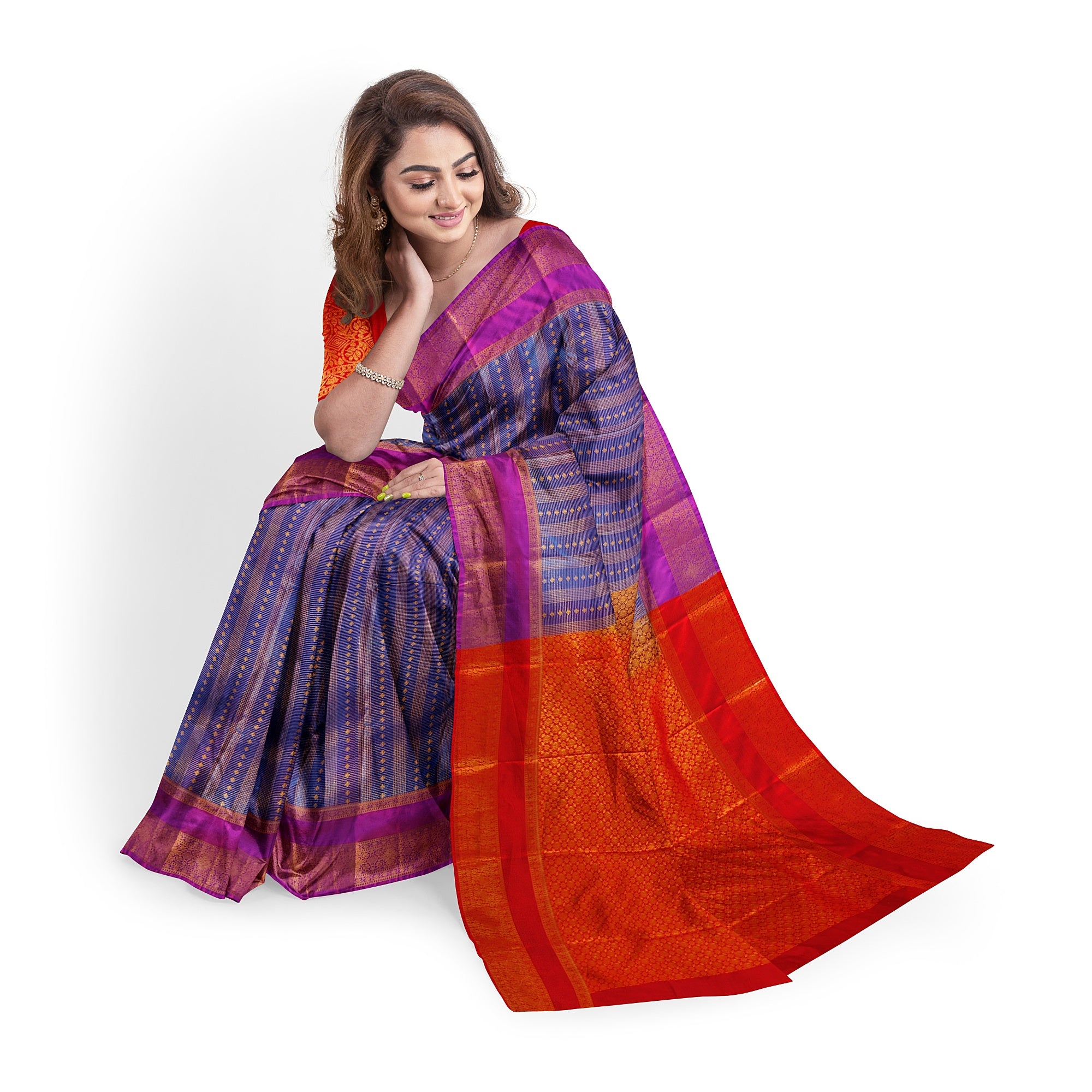 Blue Checks Saree with Zari Work and Purple Double Shade Border – Graceful Heritage Look - New Sudarshan Silks`