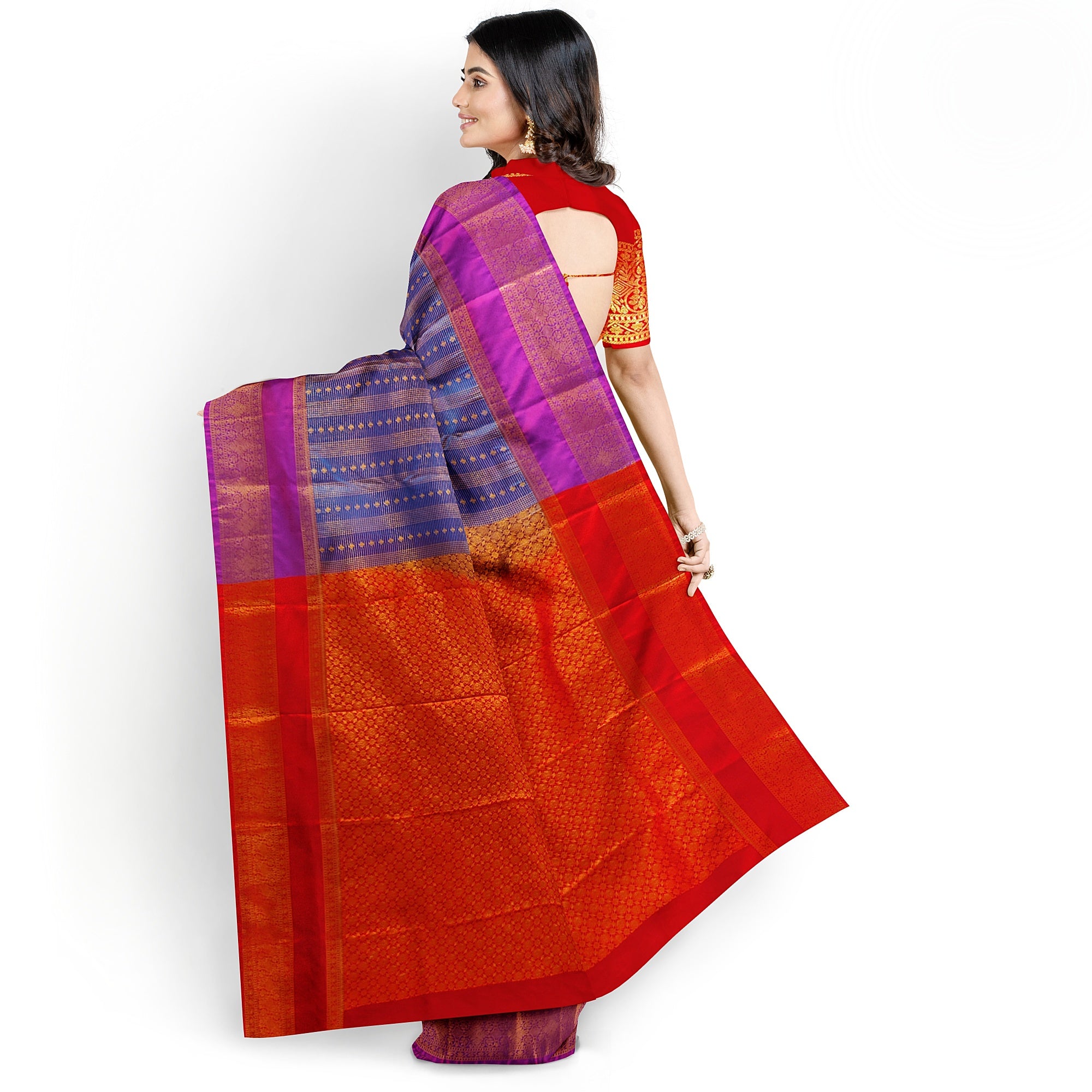 Blue Checks Saree with Zari Work and Purple Double Shade Border – Graceful Heritage Look - New Sudarshan Silks`