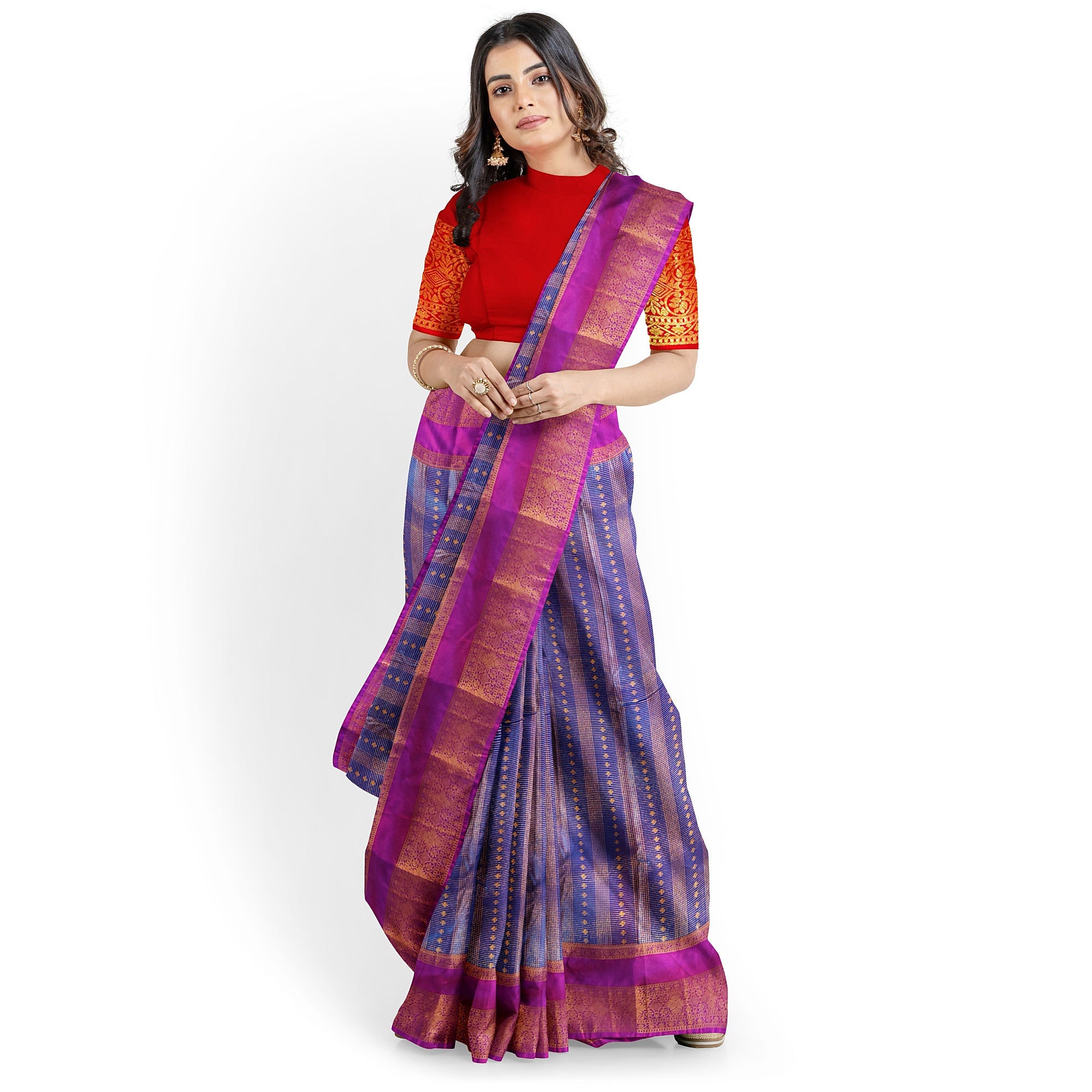 Blue Checks Saree with Zari Work and Purple Double Shade Border – Graceful Heritage Look - New Sudarshan Silks`