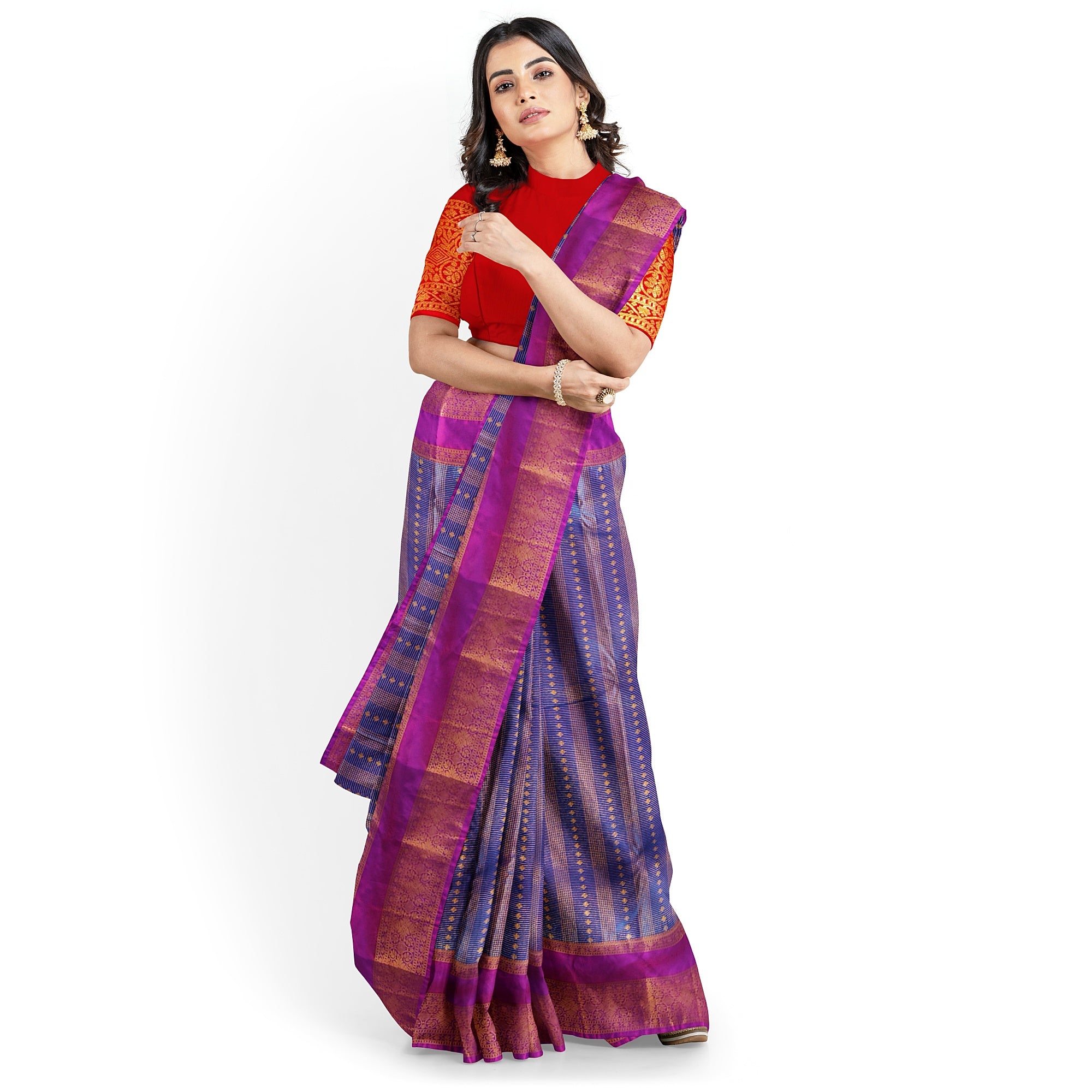 Blue Checks Saree with Zari Work and Purple Double Shade Border – Graceful Heritage Look - New Sudarshan Silks`