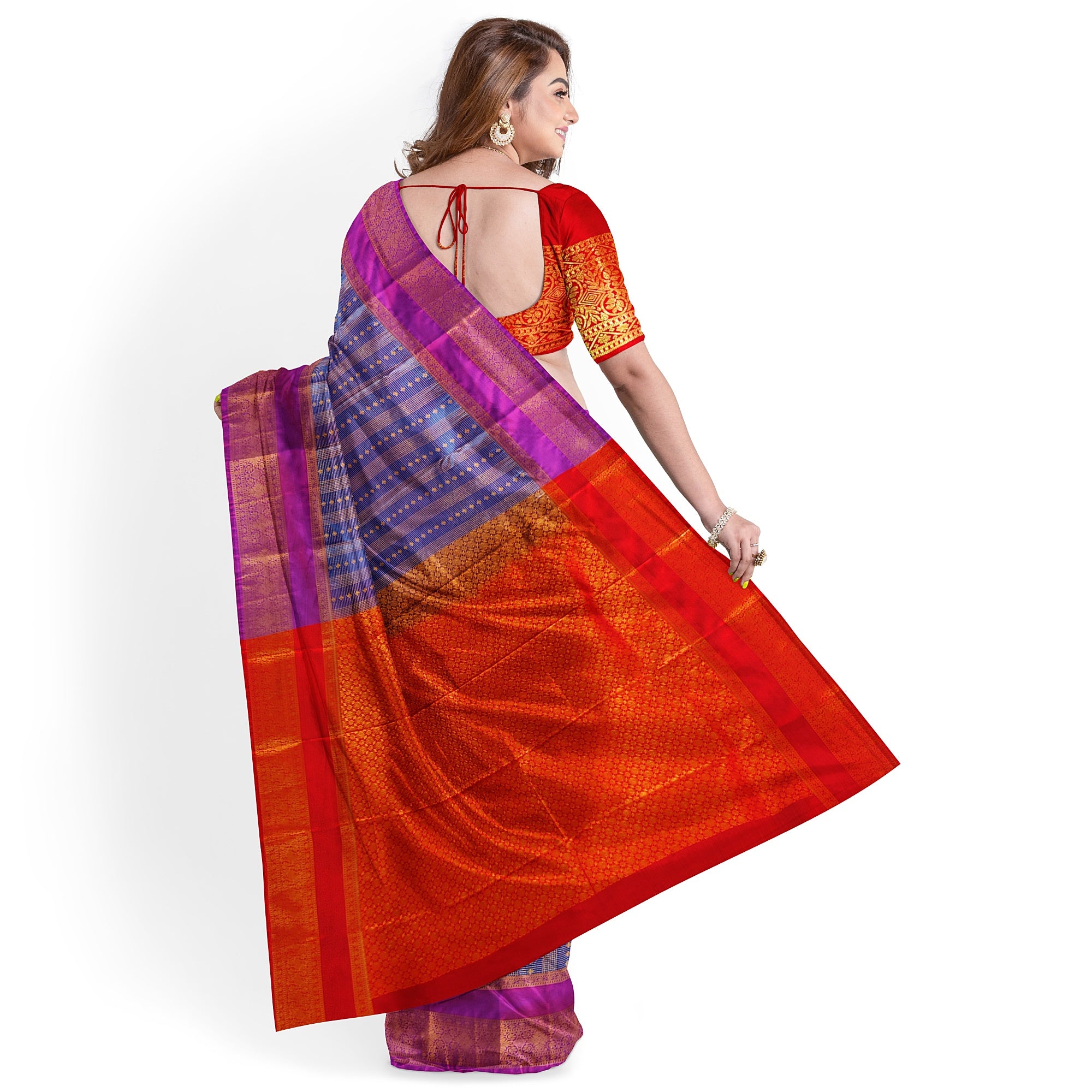 Blue Checks Saree with Zari Work and Purple Double Shade Border – Graceful Heritage Look - New Sudarshan Silks`