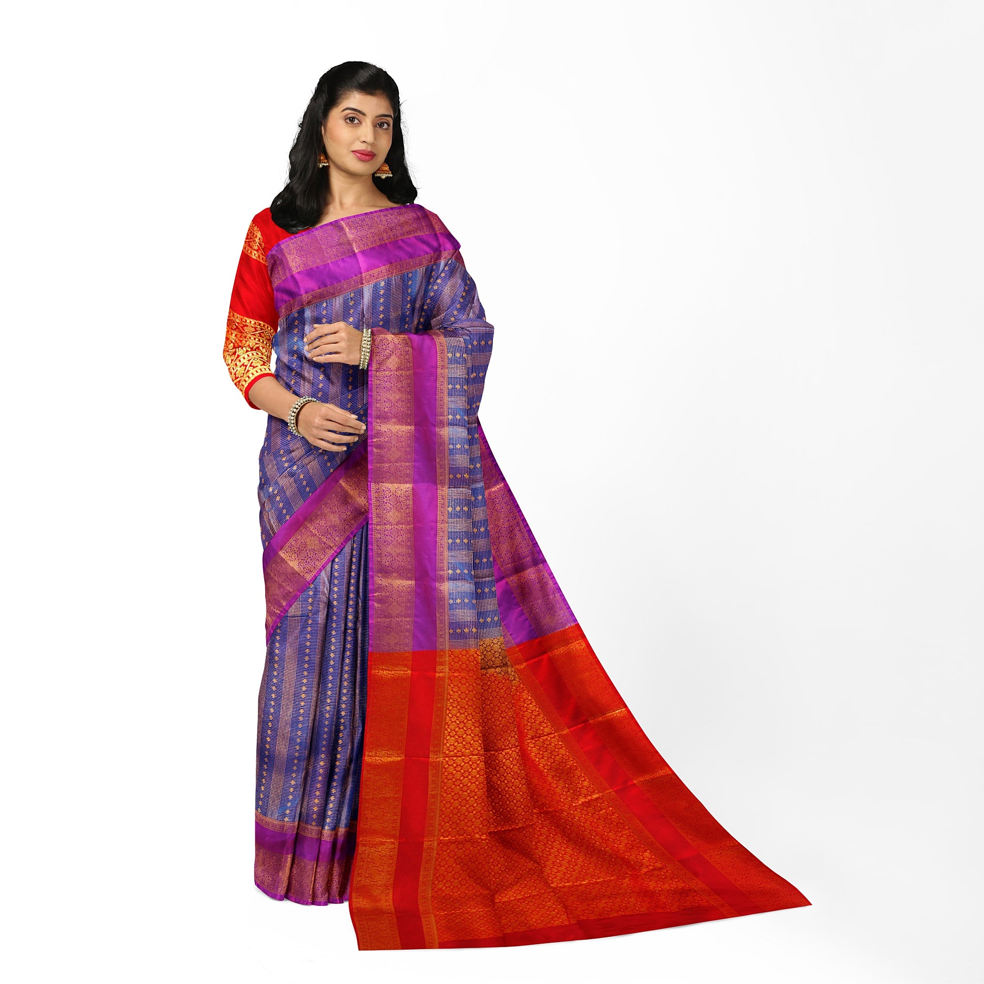 Blue Checks Saree with Zari Work and Purple Double Shade Border – Graceful Heritage Look - New Sudarshan Silks`