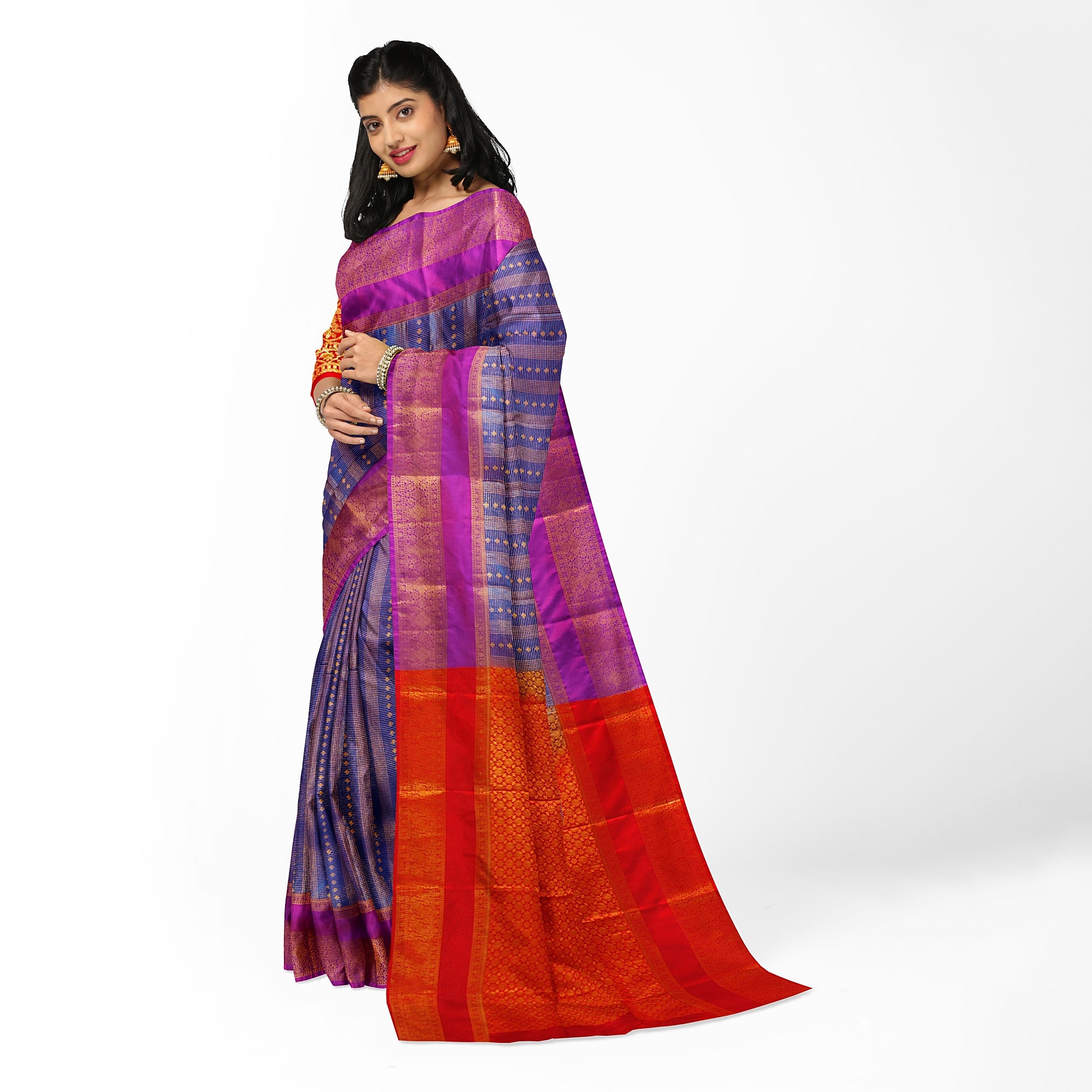 Blue Checks Saree with Zari Work and Purple Double Shade Border – Graceful Heritage Look - New Sudarshan Silks`