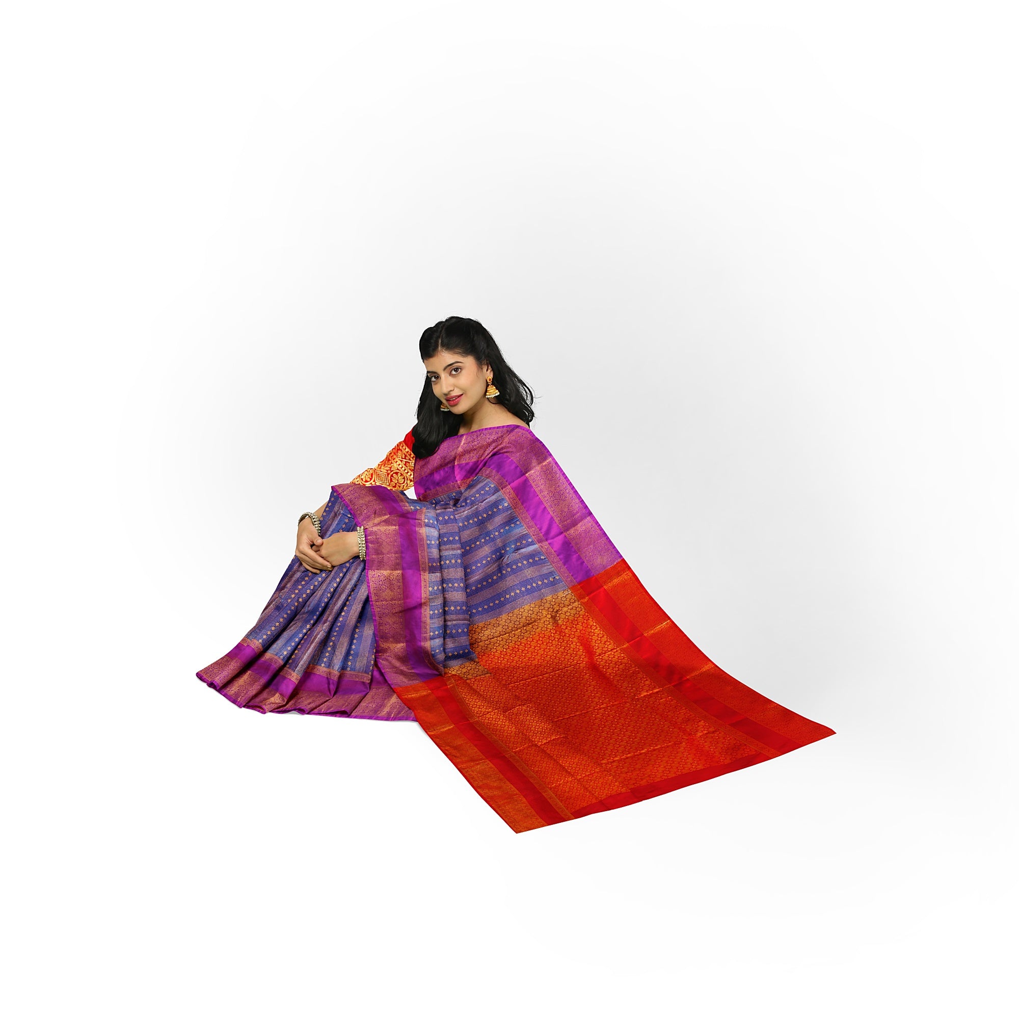 Blue Checks Saree with Zari Work and Purple Double Shade Border – Graceful Heritage Look - New Sudarshan Silks`