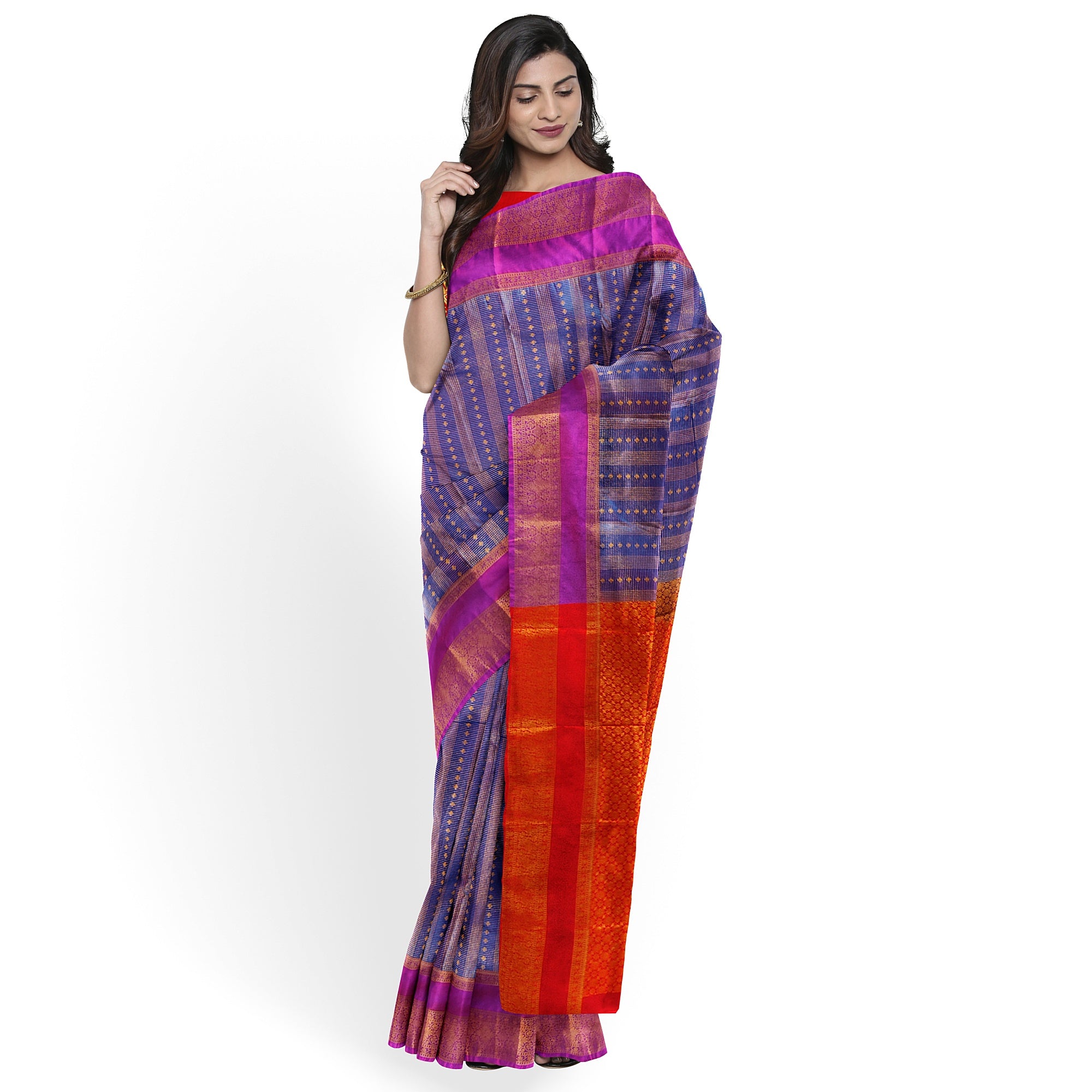 Blue Checks Saree with Zari Work and Purple Double Shade Border – Graceful Heritage Look - New Sudarshan Silks`