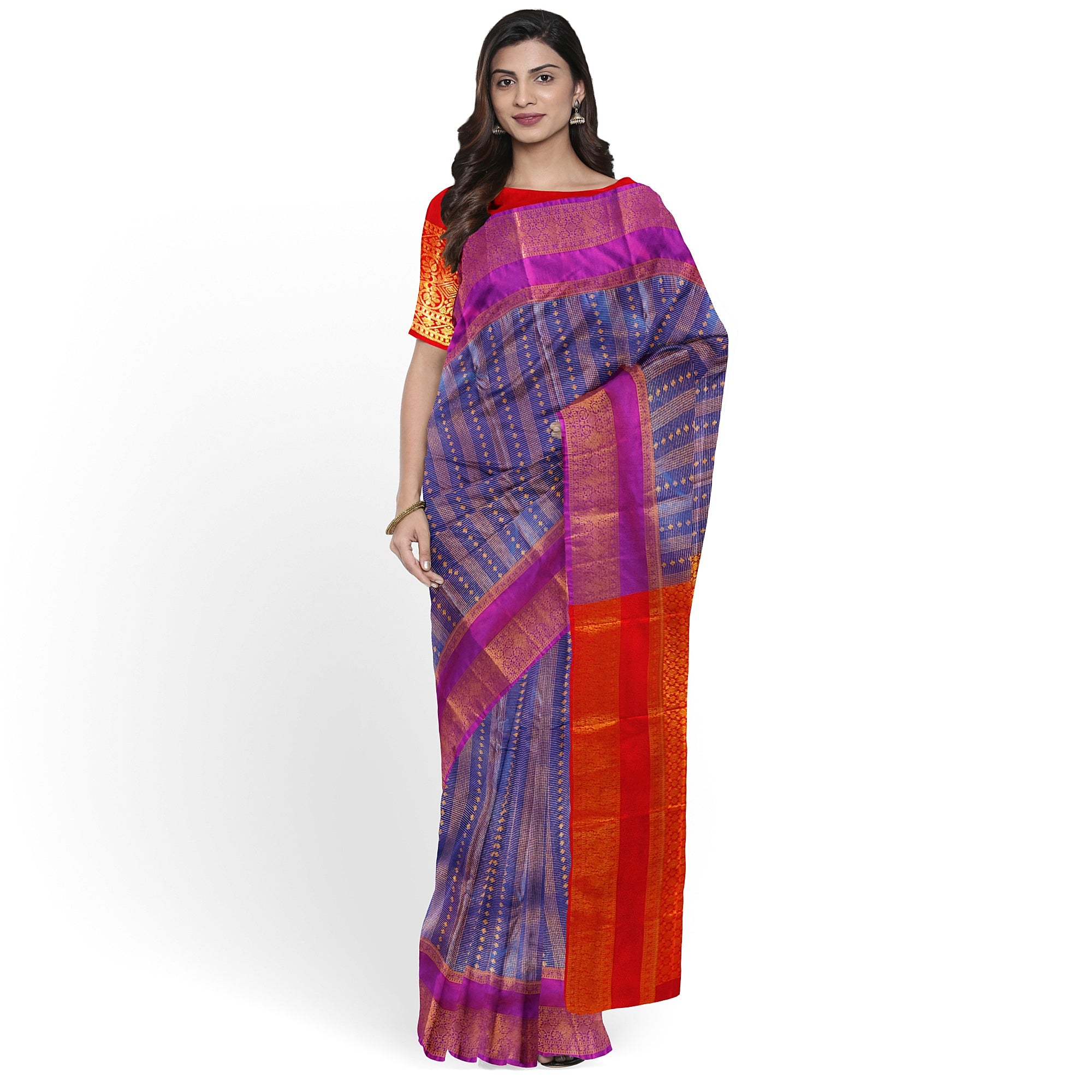 Blue Checks Saree with Zari Work and Purple Double Shade Border – Graceful Heritage Look - New Sudarshan Silks`