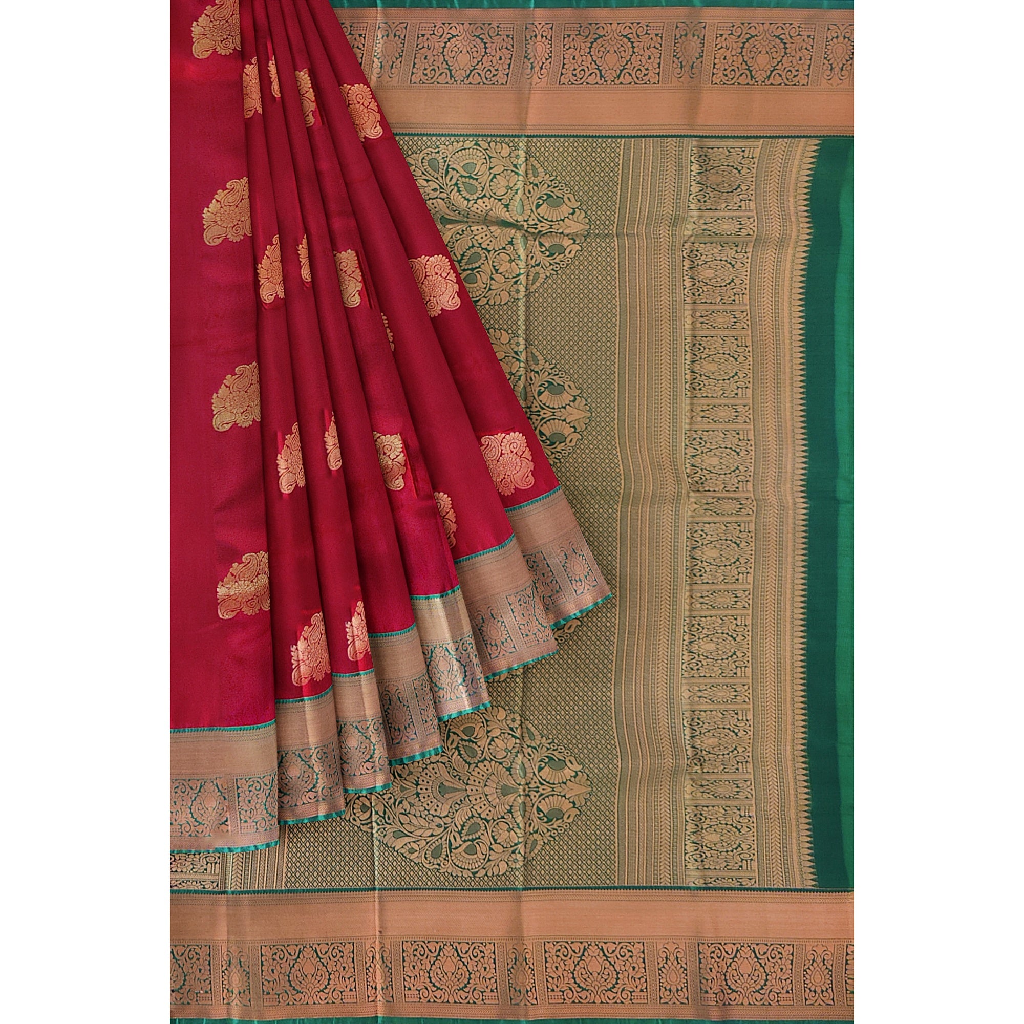 Brick Brown Saree with Green Border – Retro Style Traditional Elegance - New Sudarshan Silks`