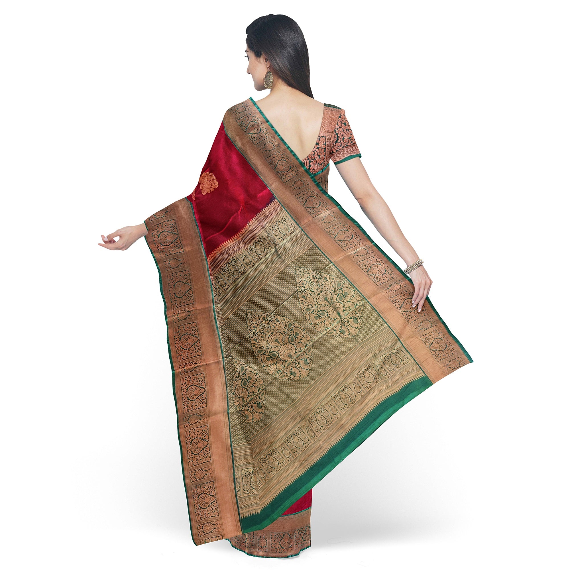 Brick Brown Saree with Green Border – Retro Style Traditional Elegance - New Sudarshan Silks`