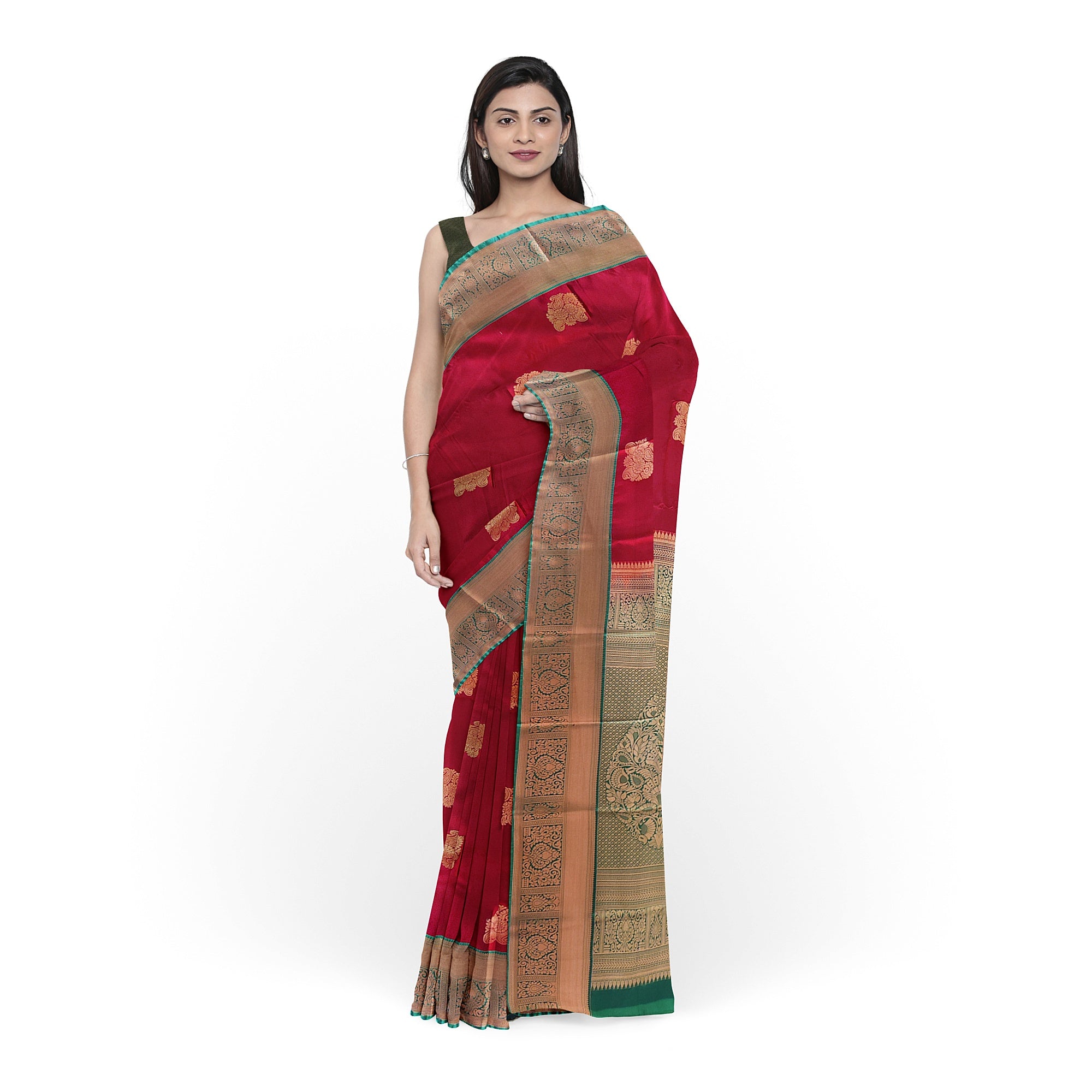 Brick Brown Saree with Green Border – Retro Style Traditional Elegance - New Sudarshan Silks`