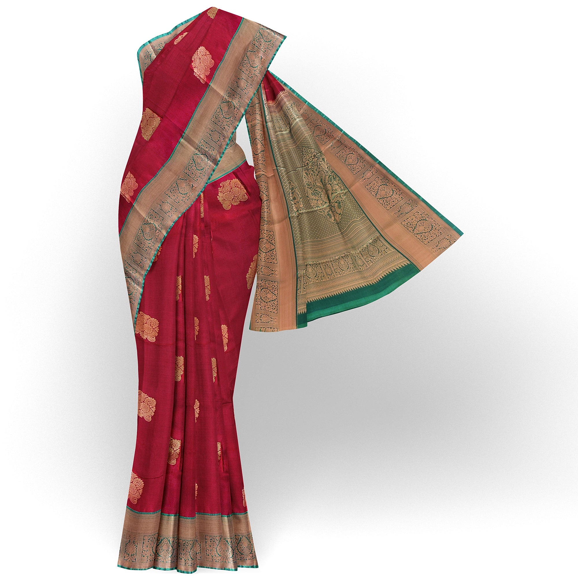 Brick Brown Saree with Green Border – Retro Style Traditional Elegance - New Sudarshan Silks`