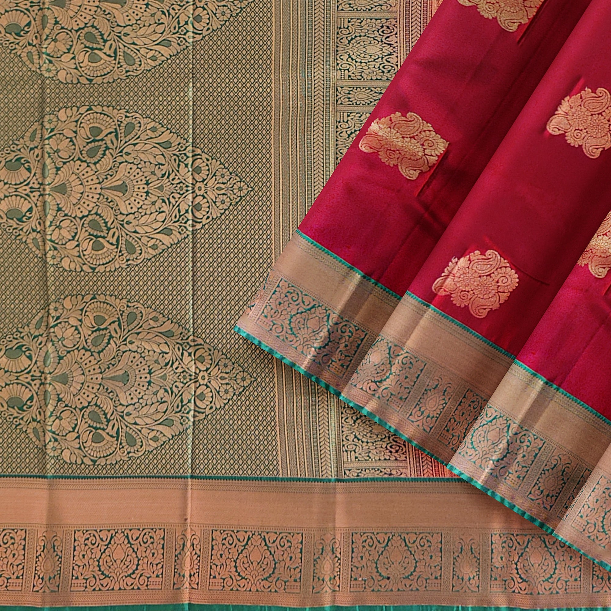 Brick Brown Saree with Green Border – Retro Style Traditional Elegance - New Sudarshan Silks`