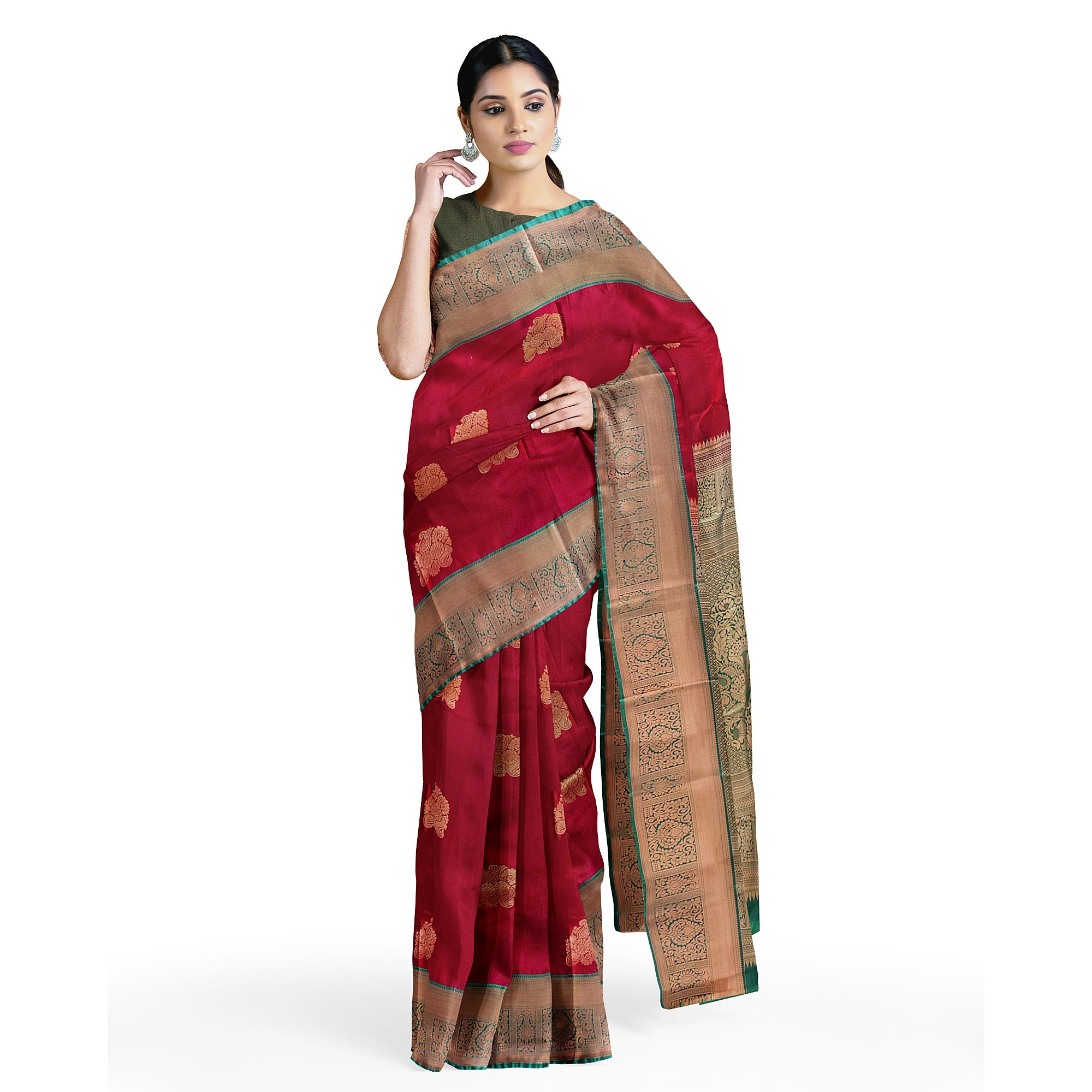 Brick Brown Saree with Green Border – Retro Style Traditional Elegance - New Sudarshan Silks`