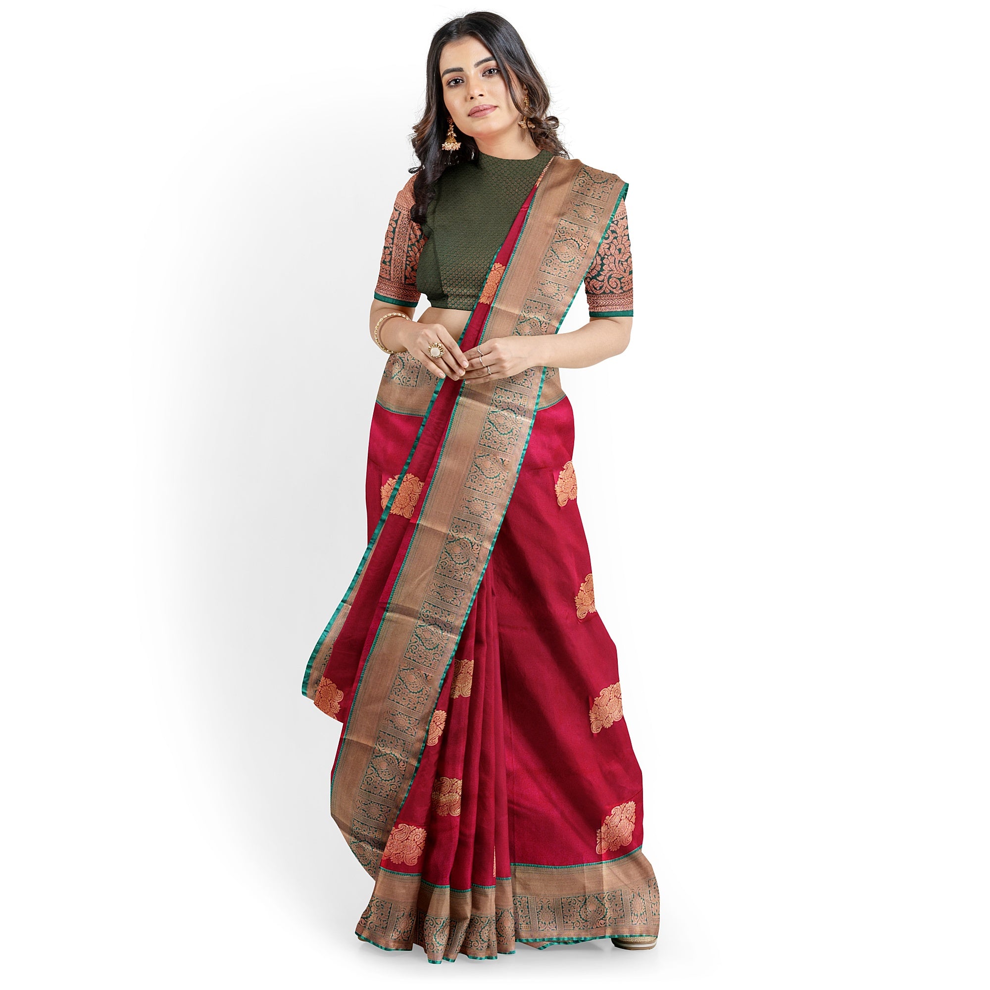 Brick Brown Saree with Green Border – Retro Style Traditional Elegance - New Sudarshan Silks`