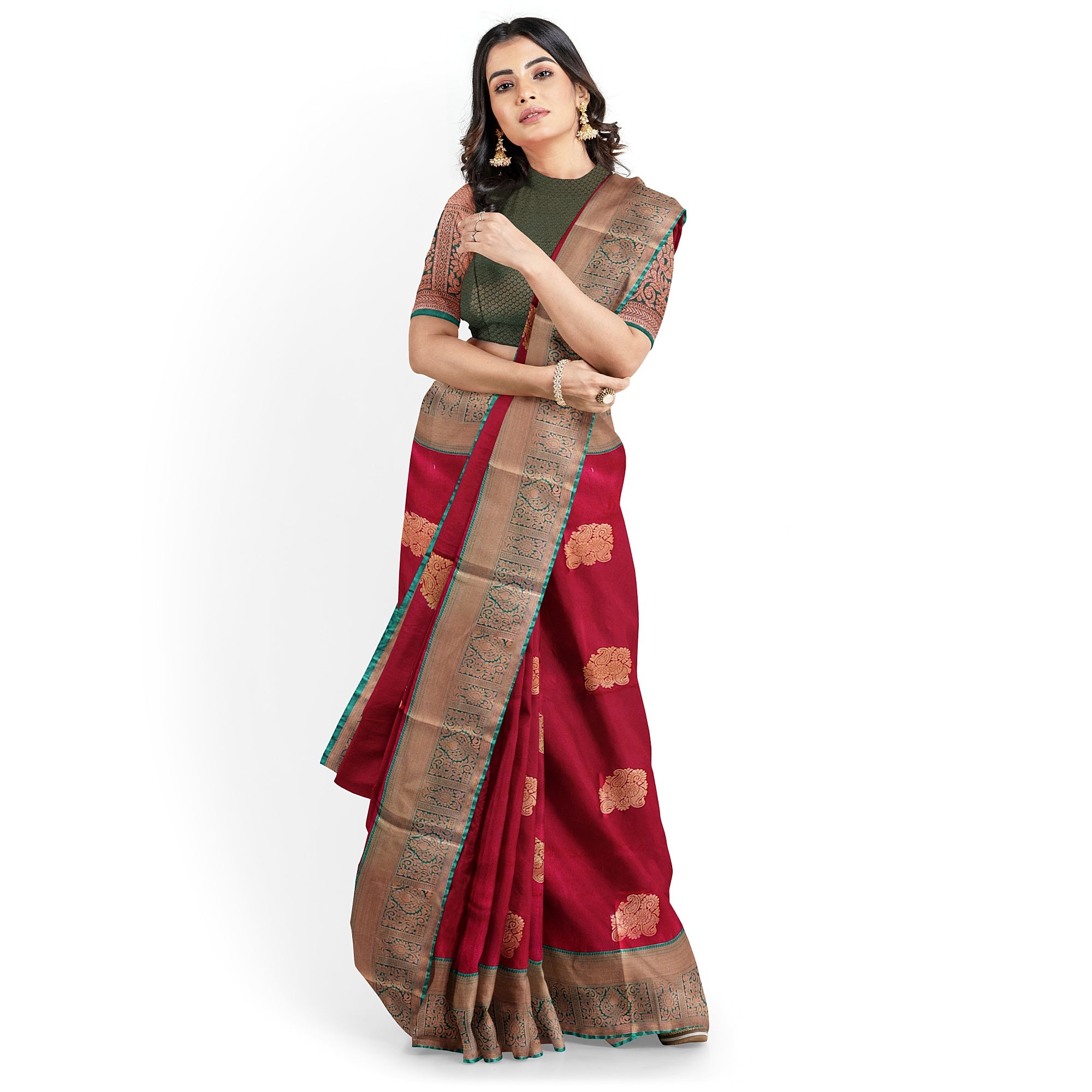 Brick Brown Saree with Green Border – Retro Style Traditional Elegance - New Sudarshan Silks`