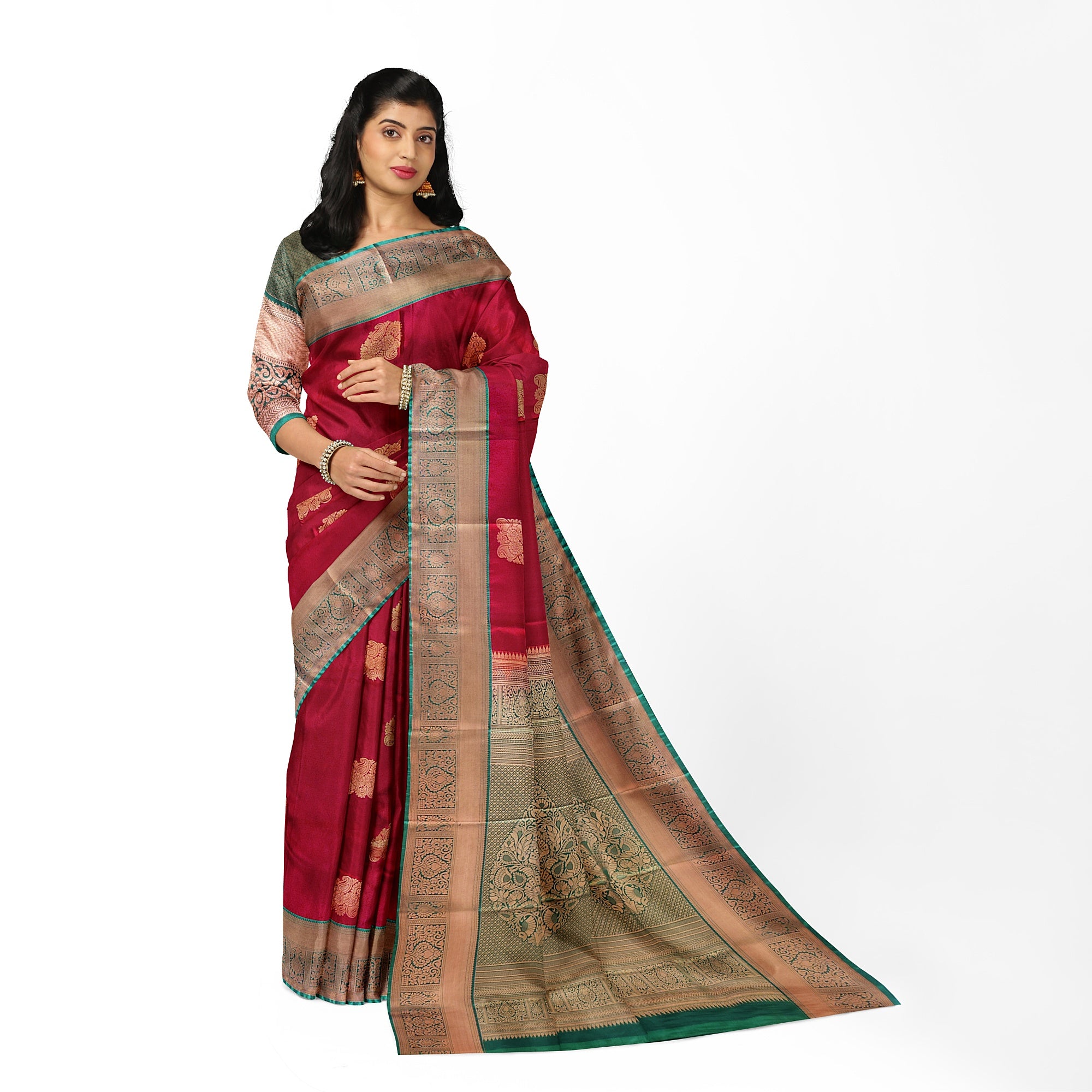 Brick Brown Saree with Green Border – Retro Style Traditional Elegance - New Sudarshan Silks`
