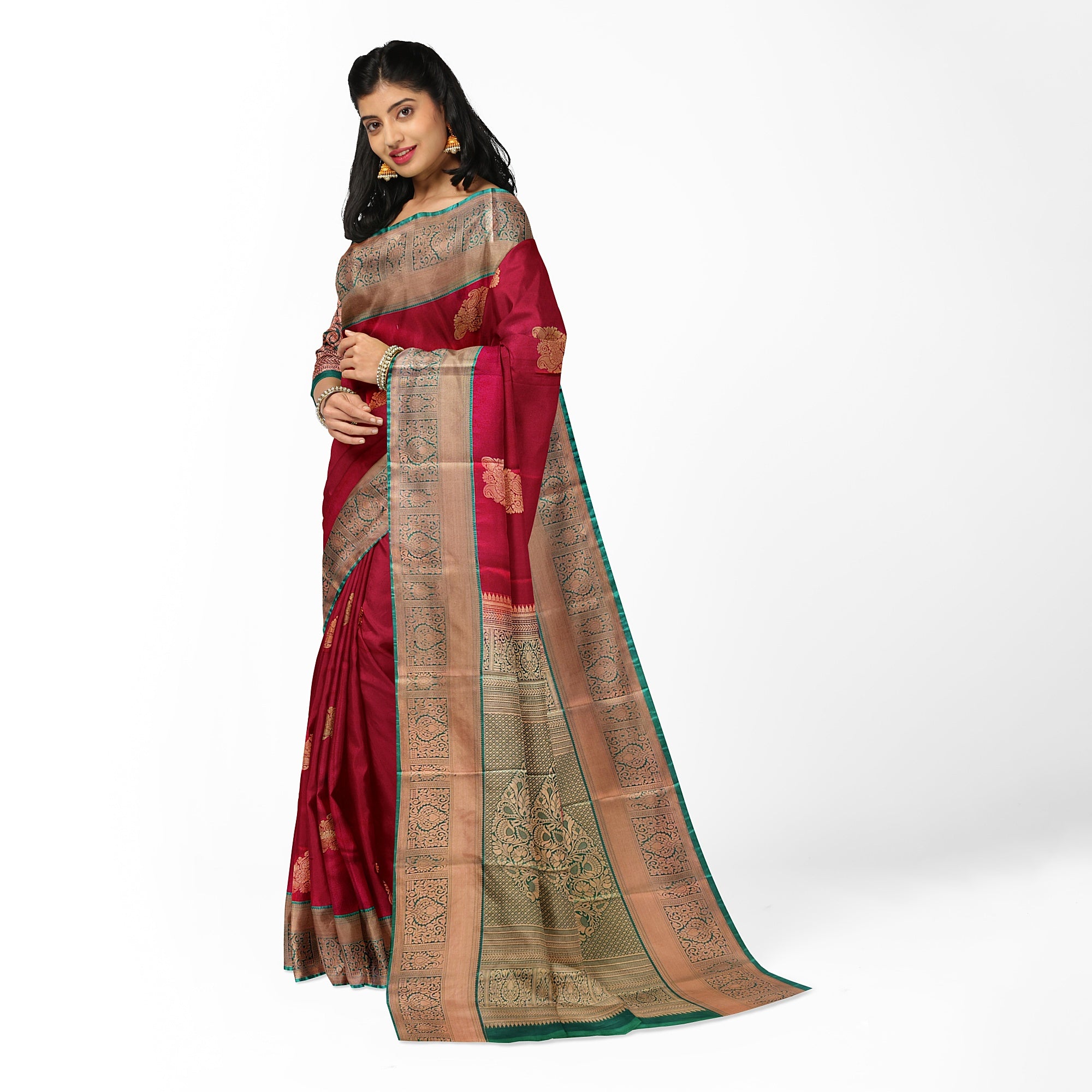 Brick Brown Saree with Green Border – Retro Style Traditional Elegance - New Sudarshan Silks`