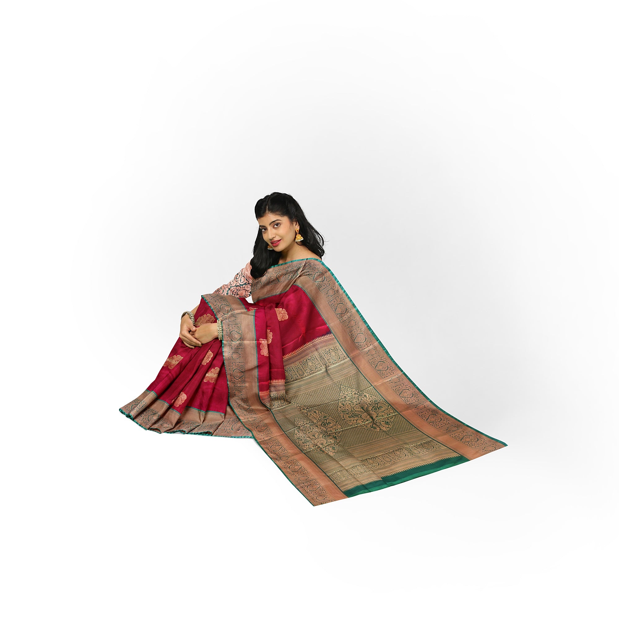 Brick Brown Saree with Green Border – Retro Style Traditional Elegance - New Sudarshan Silks`
