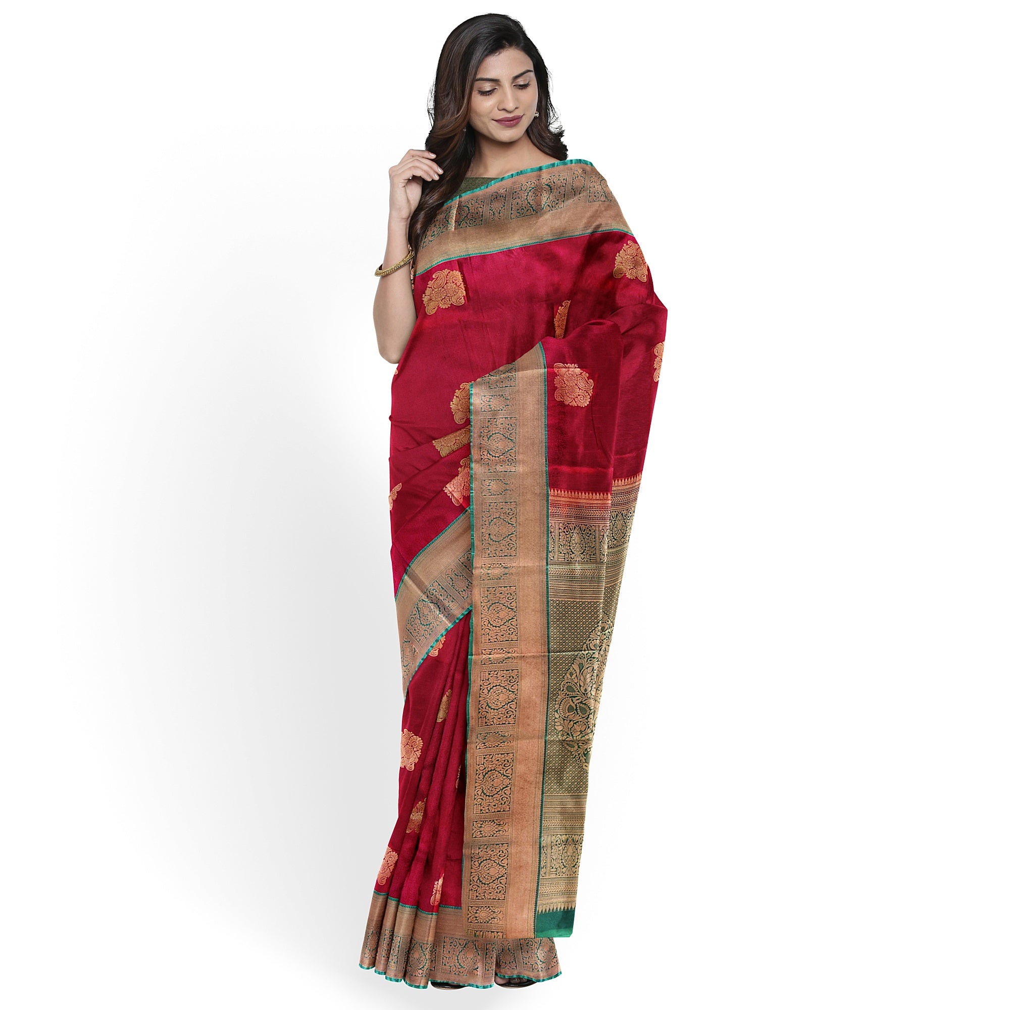 Brick Brown Saree with Green Border – Retro Style Traditional Elegance - New Sudarshan Silks`