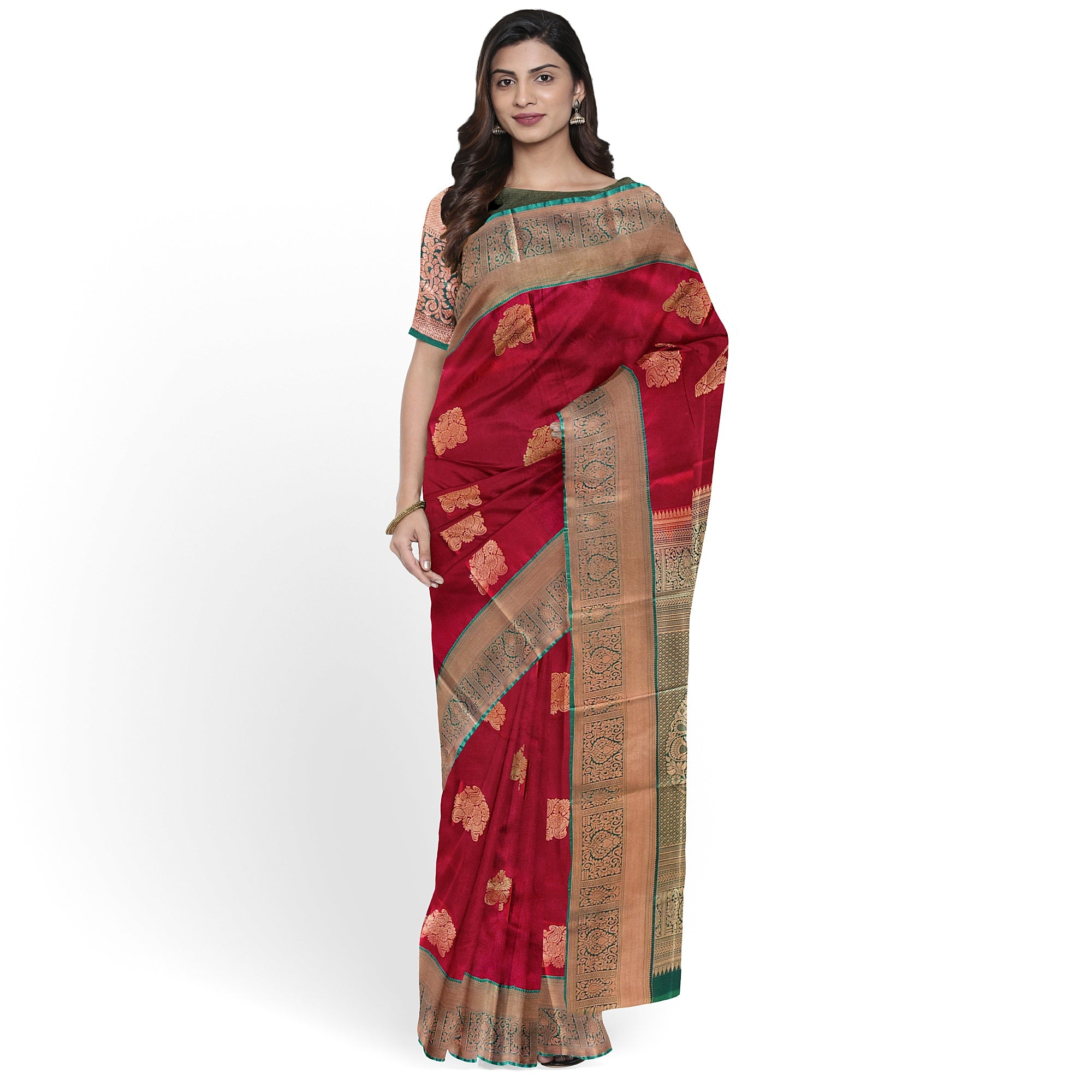 Brick Brown Saree with Green Border – Retro Style Traditional Elegance - New Sudarshan Silks`