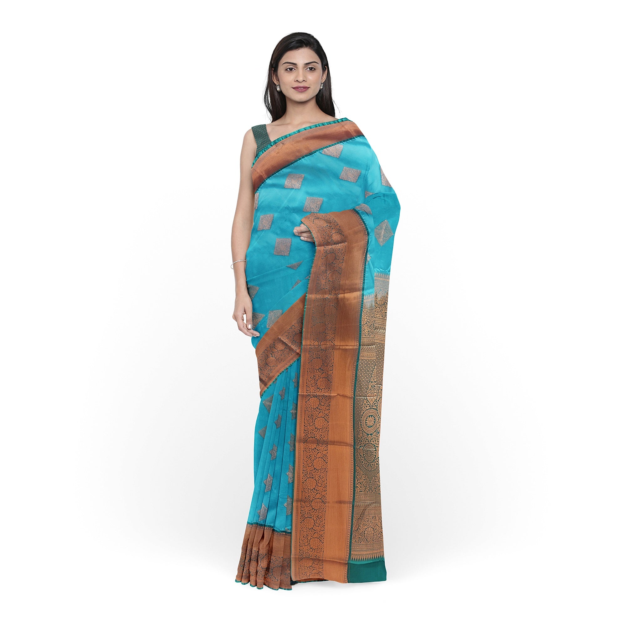 Sky Blue Fancy Silk Saree with Green Border – Elegant and Vibrant Charm - New Sudarshan Silks`