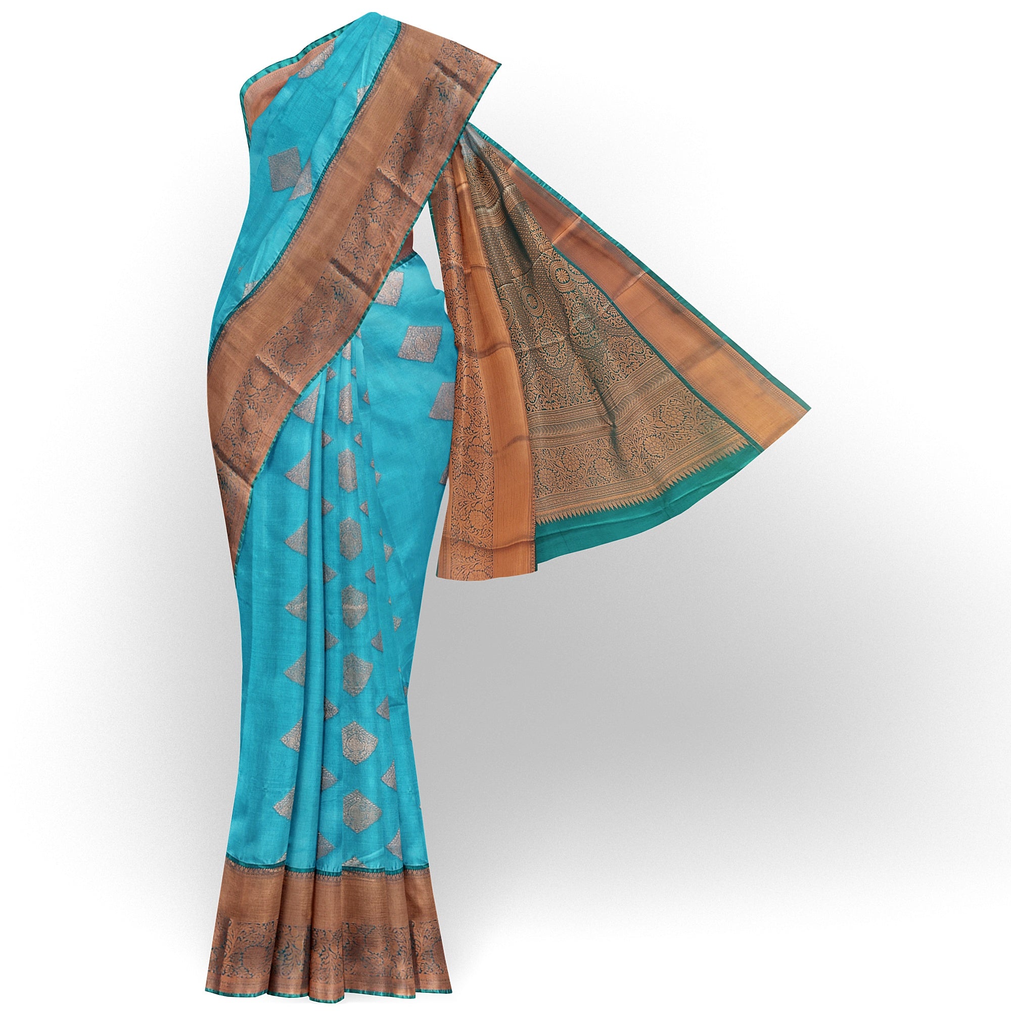 Sky Blue Fancy Silk Saree with Green Border – Elegant and Vibrant Charm - New Sudarshan Silks`
