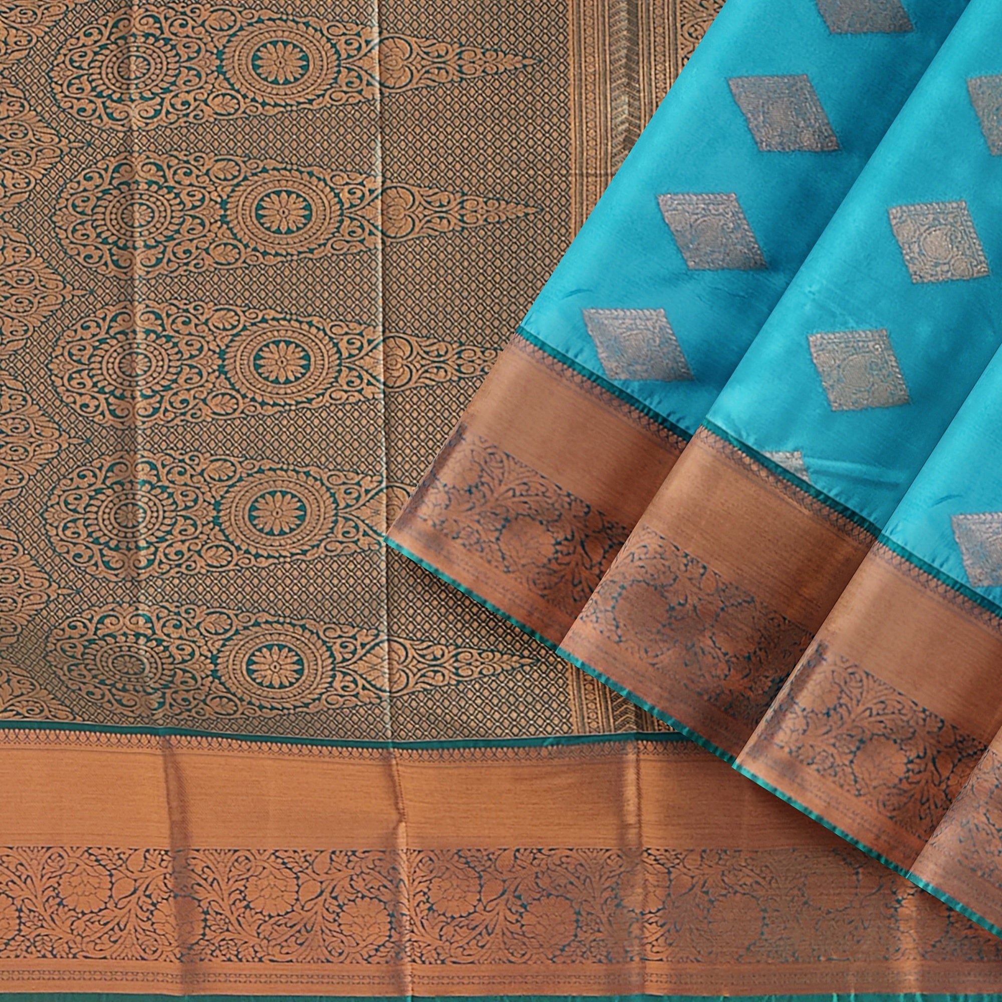 Sky Blue Fancy Silk Saree with Green Border – Elegant and Vibrant Charm - New Sudarshan Silks`