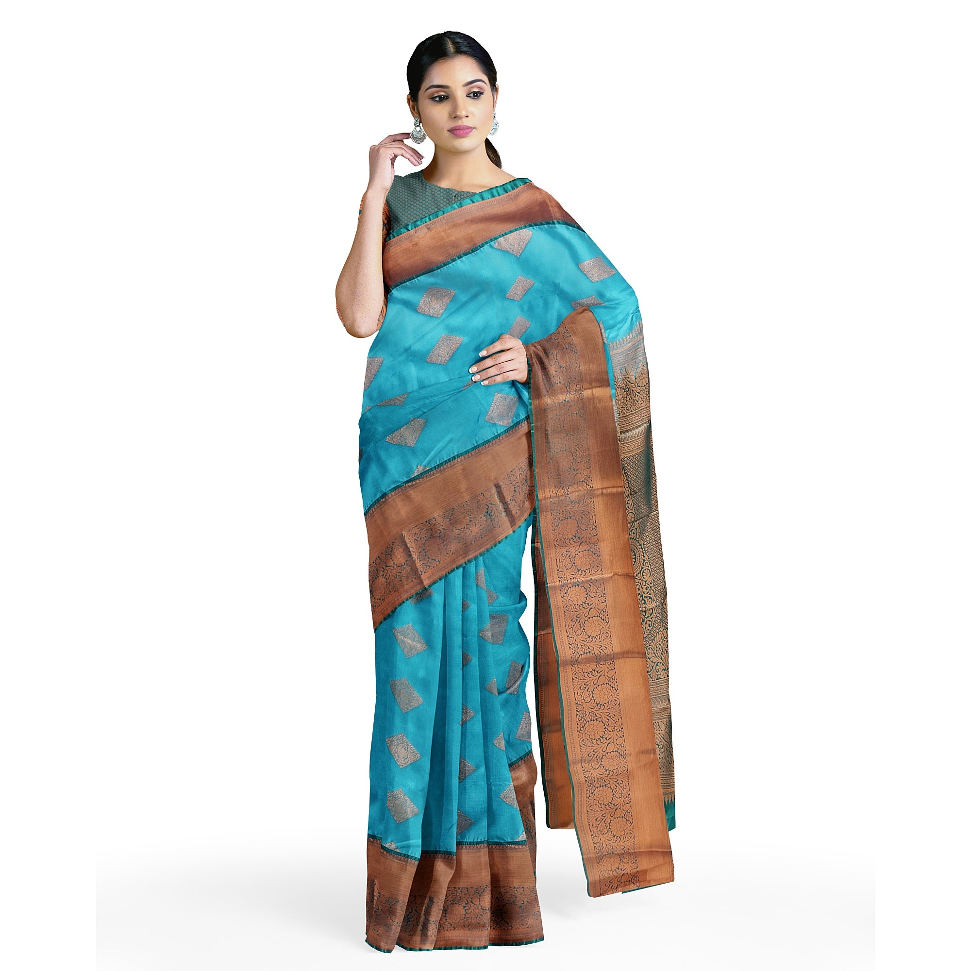 Sky Blue Fancy Silk Saree with Green Border – Elegant and Vibrant Charm - New Sudarshan Silks`