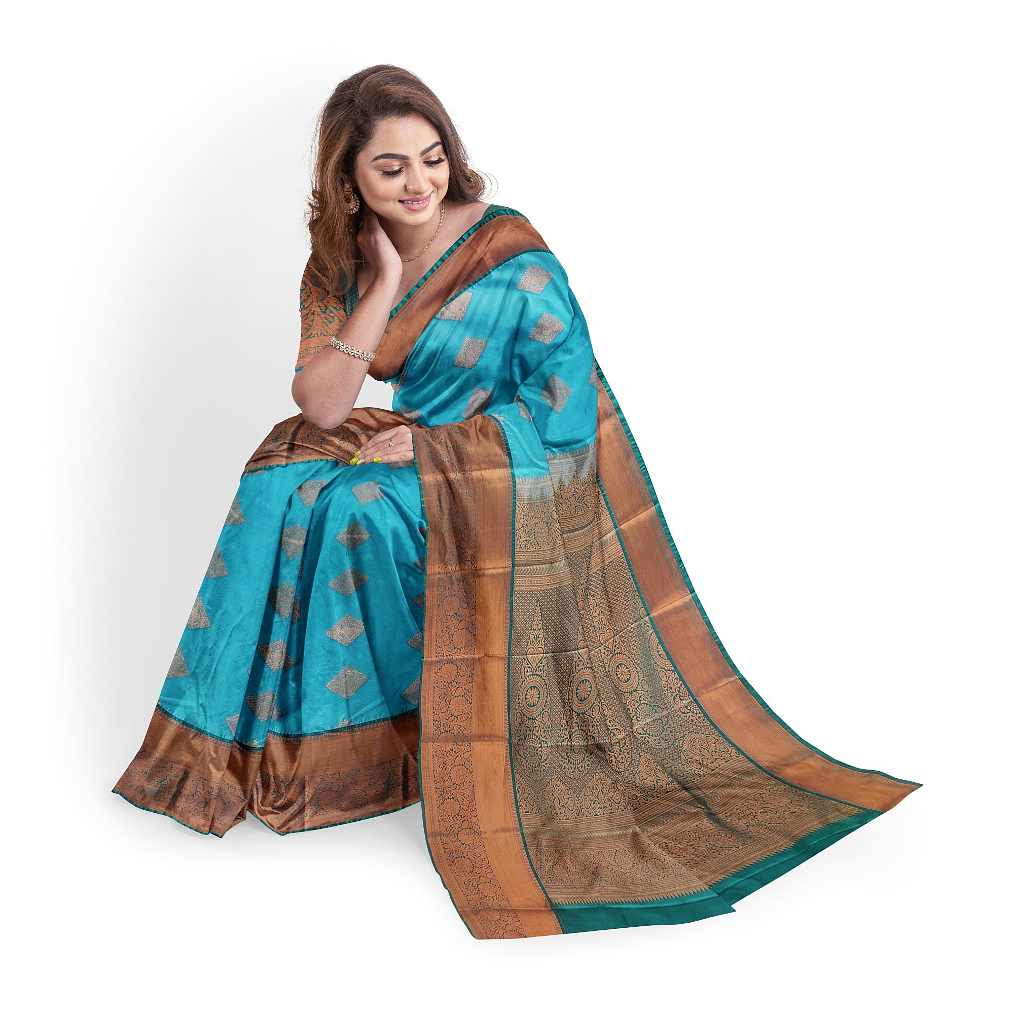 Sky Blue Fancy Silk Saree with Green Border – Elegant and Vibrant Charm - New Sudarshan Silks`