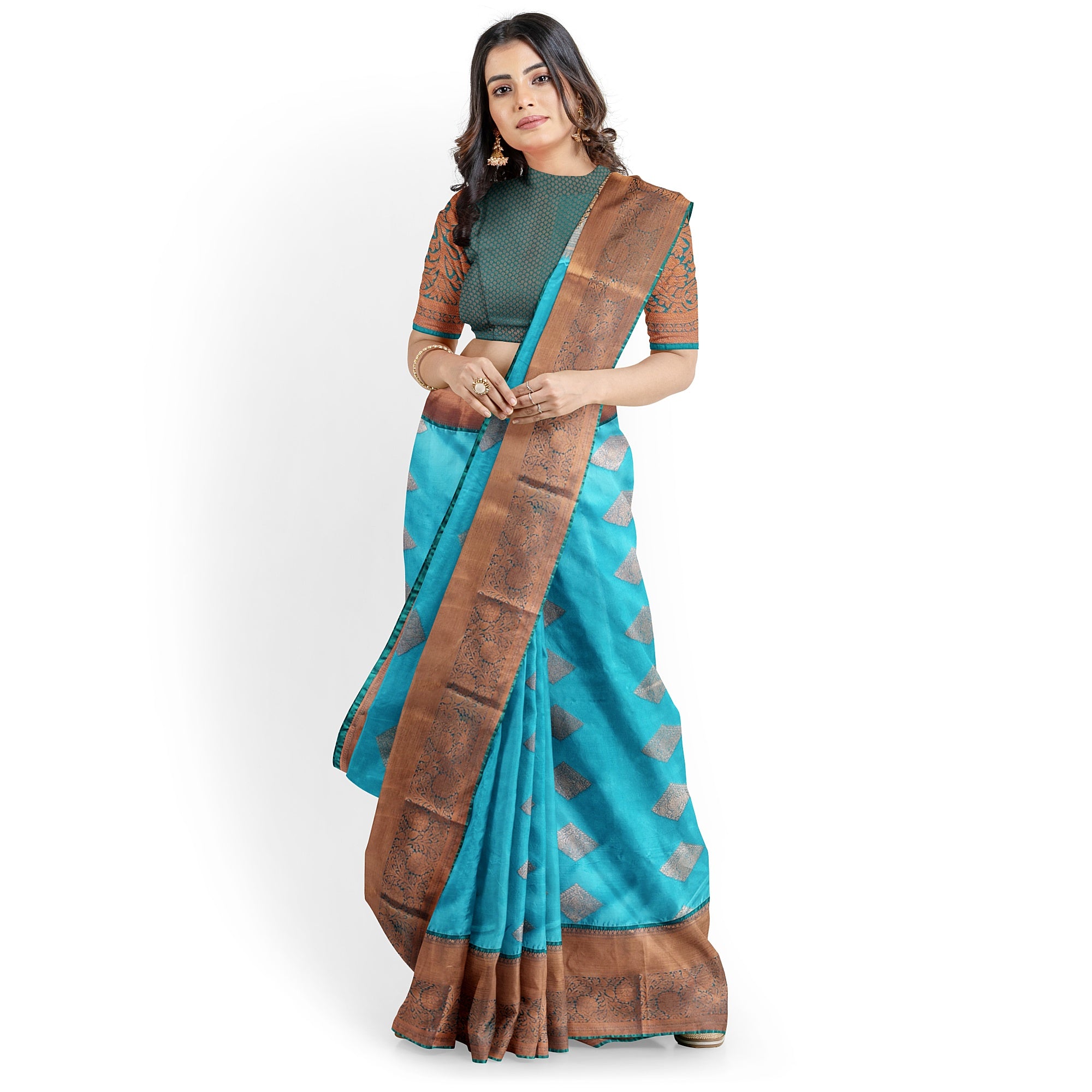 Sky Blue Fancy Silk Saree with Green Border – Elegant and Vibrant Charm - New Sudarshan Silks`