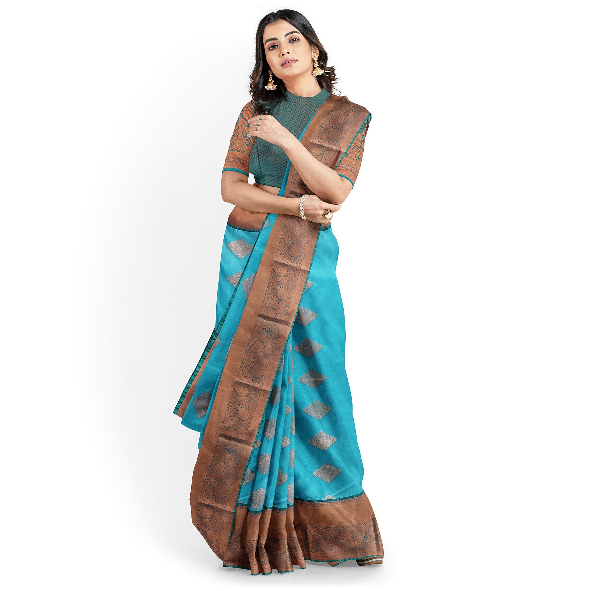 Sky Blue Fancy Silk Saree with Green Border – Elegant and Vibrant Charm - New Sudarshan Silks`