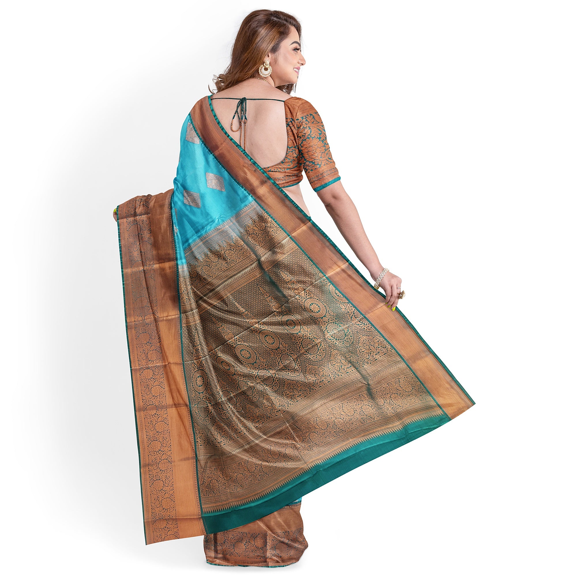 Sky Blue Fancy Silk Saree with Green Border – Elegant and Vibrant Charm - New Sudarshan Silks`