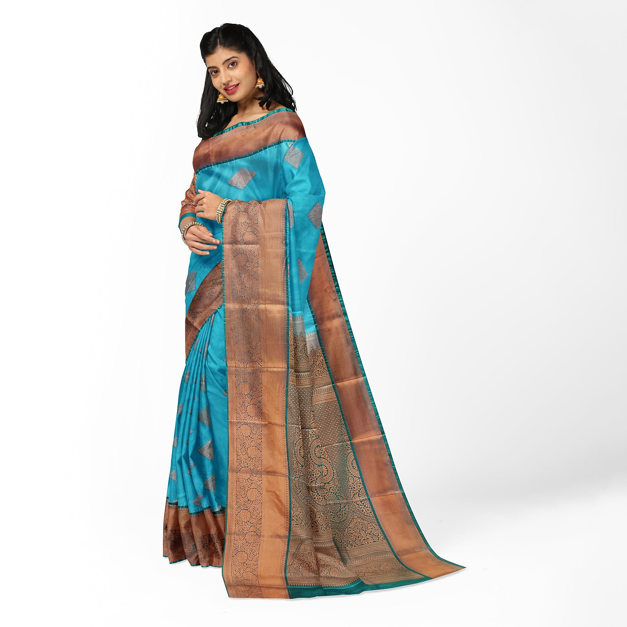 Sky Blue Fancy Silk Saree with Green Border – Elegant and Vibrant Charm - New Sudarshan Silks`