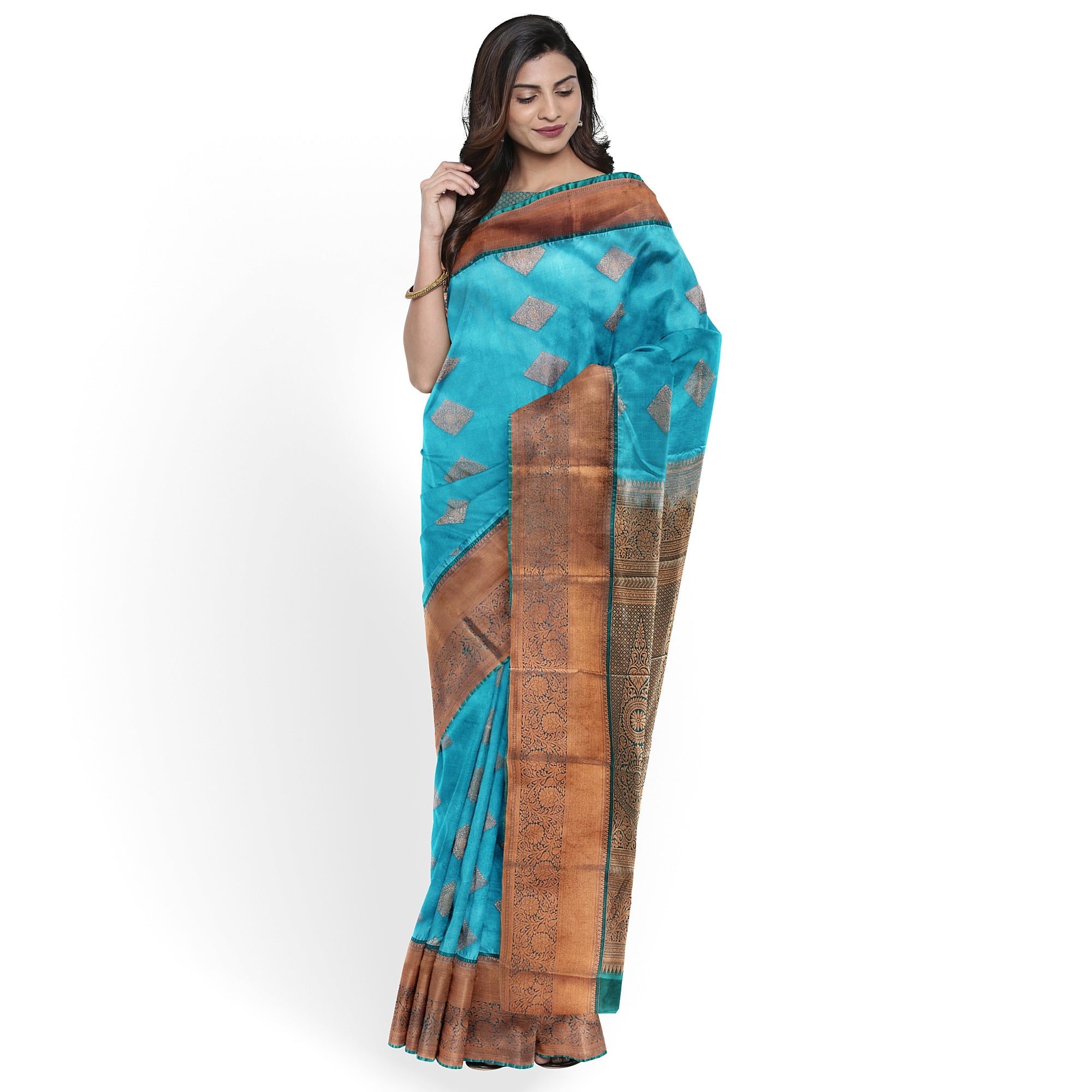 Sky Blue Fancy Silk Saree with Green Border – Elegant and Vibrant Charm - New Sudarshan Silks`