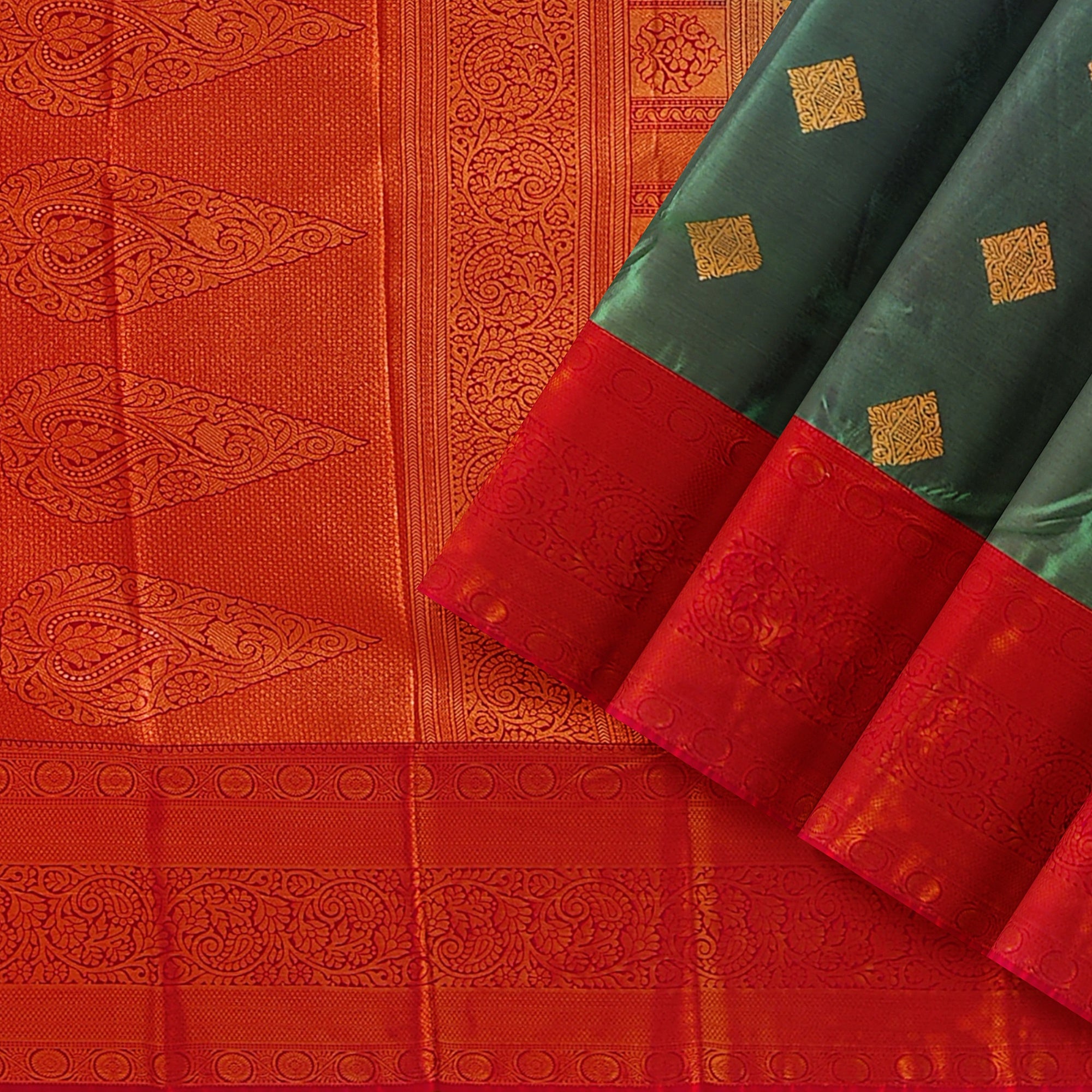 Parrot Green Saree with Red Traditional Border – A Classic Blend of Heritage and Grace - New Sudarshan Silks`
