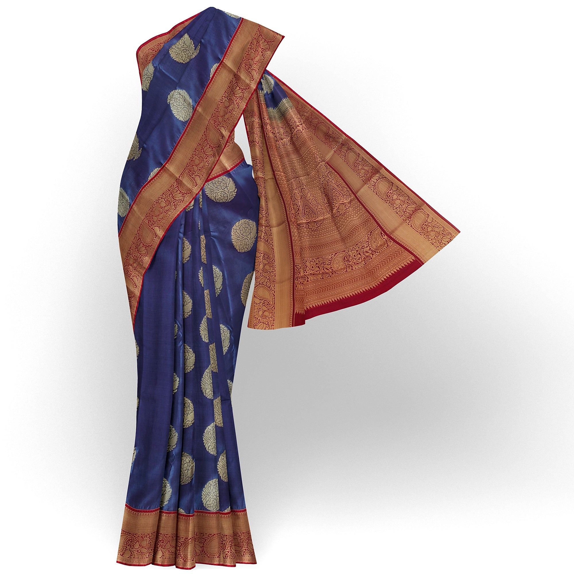 Peacock Blue Semi Kanchi Silk Saree with Red Border – Timeless Festive Charm - New Sudarshan Silks`