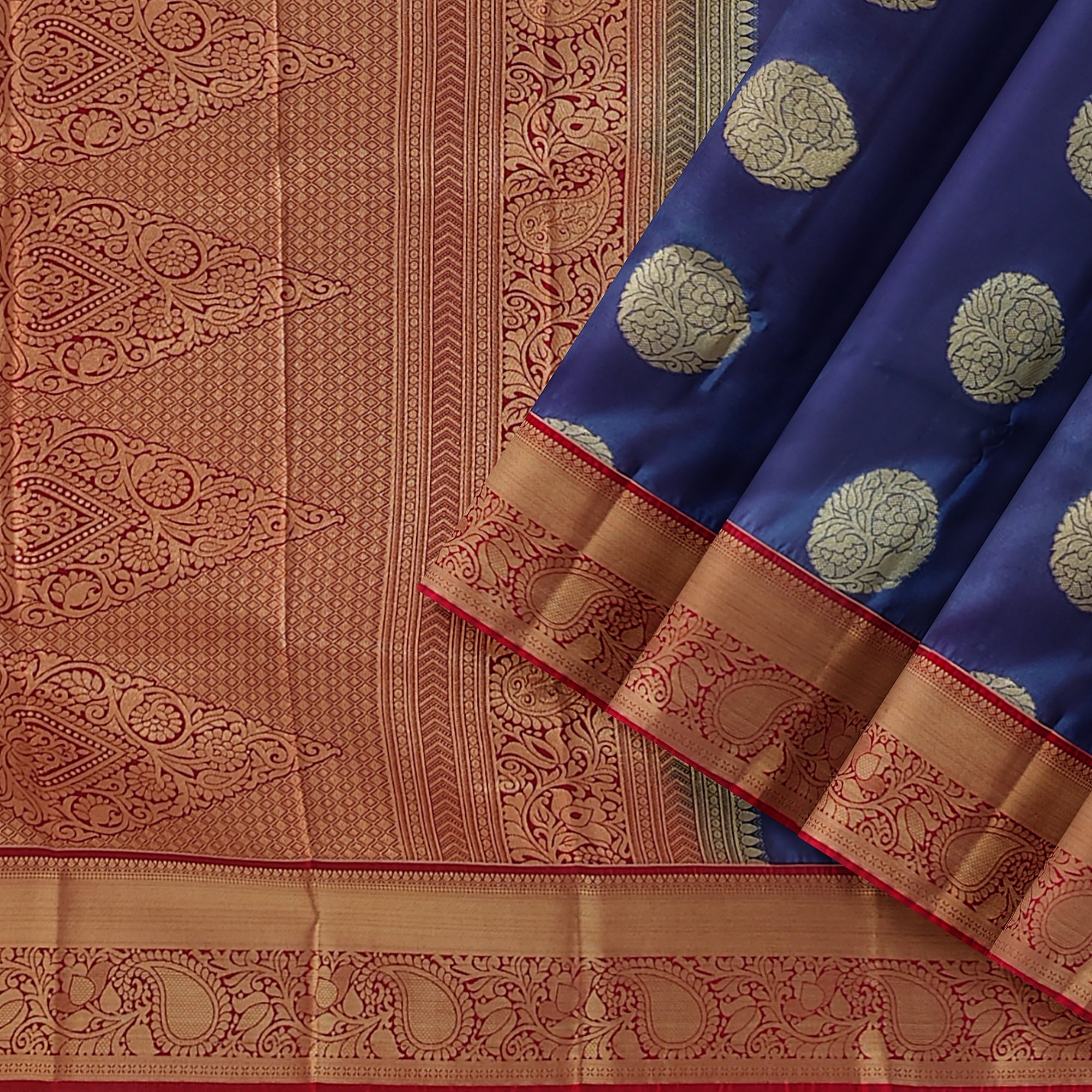 Peacock Blue Semi Kanchi Silk Saree with Red Border – Timeless Festive Charm - New Sudarshan Silks`