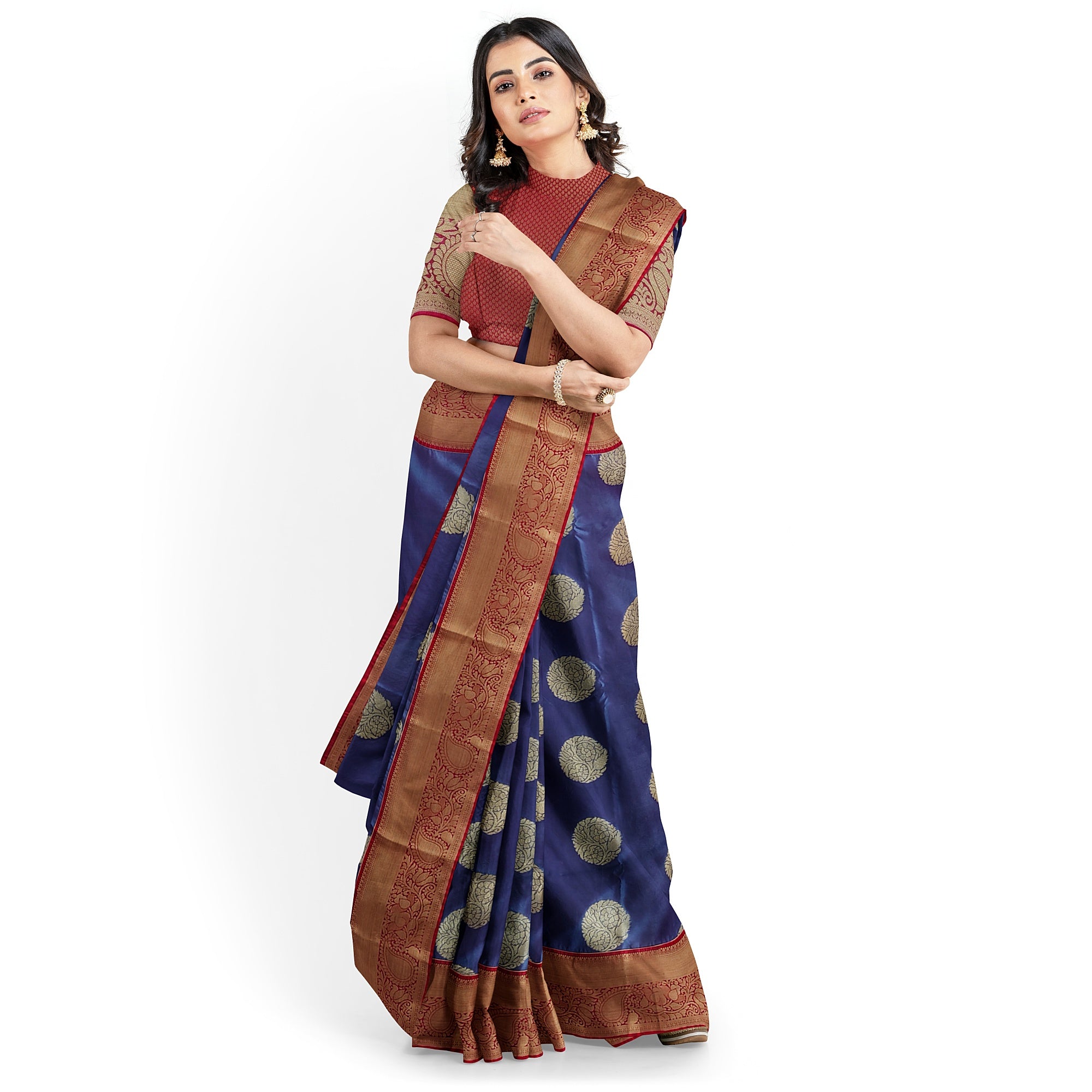 Peacock Blue Semi Kanchi Silk Saree with Red Border – Timeless Festive Charm - New Sudarshan Silks`