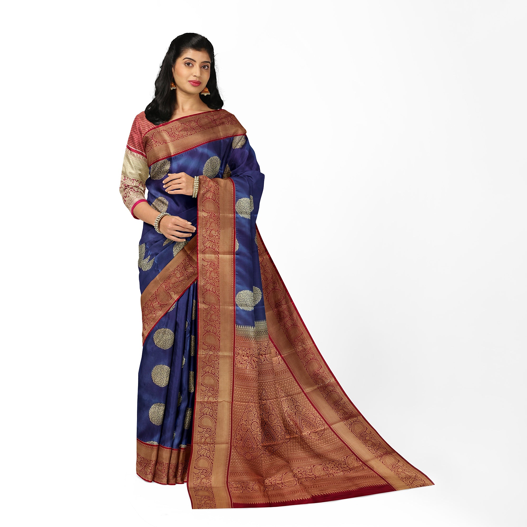 Peacock Blue Semi Kanchi Silk Saree with Red Border – Timeless Festive Charm - New Sudarshan Silks`