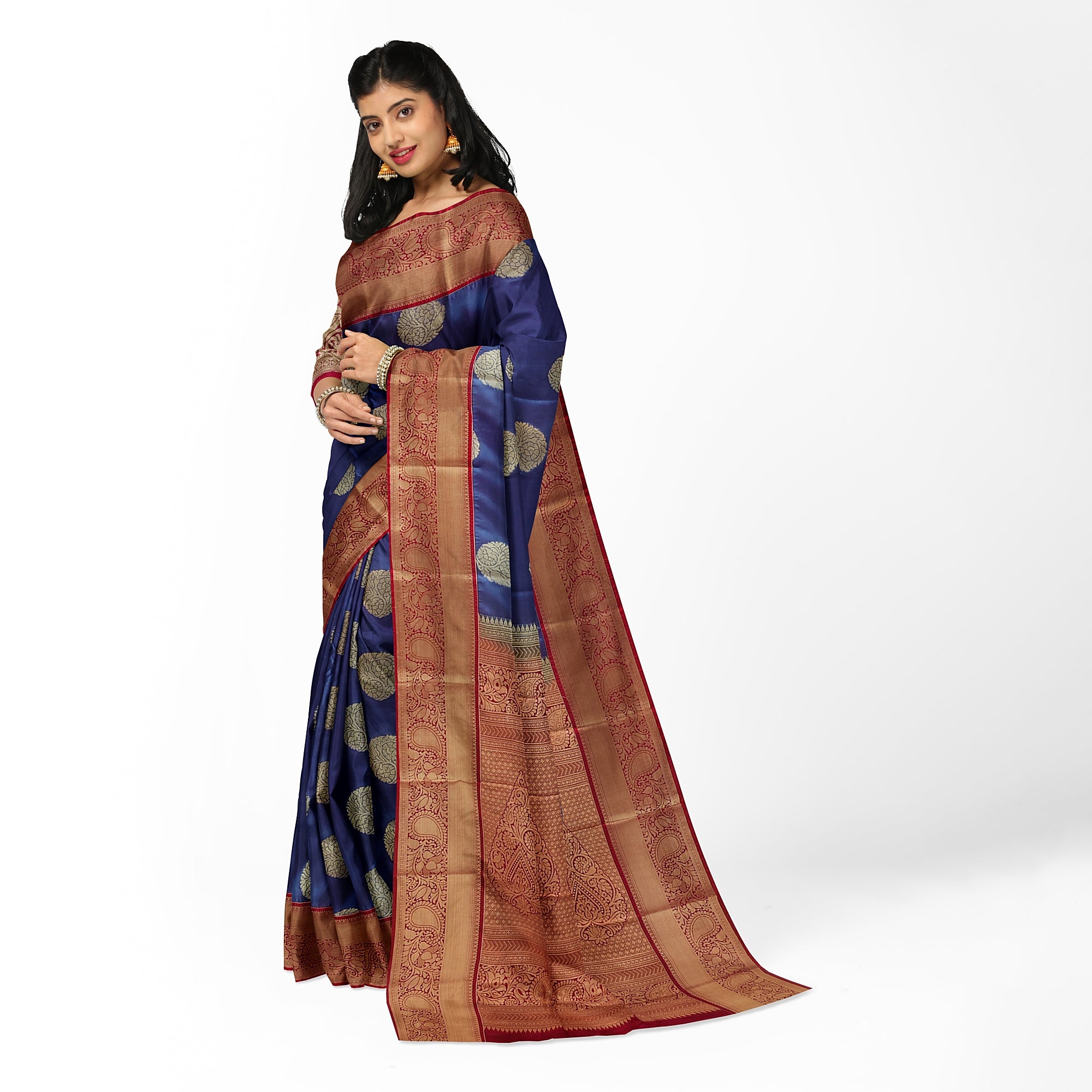 Peacock Blue Semi Kanchi Silk Saree with Red Border – Timeless Festive Charm - New Sudarshan Silks`