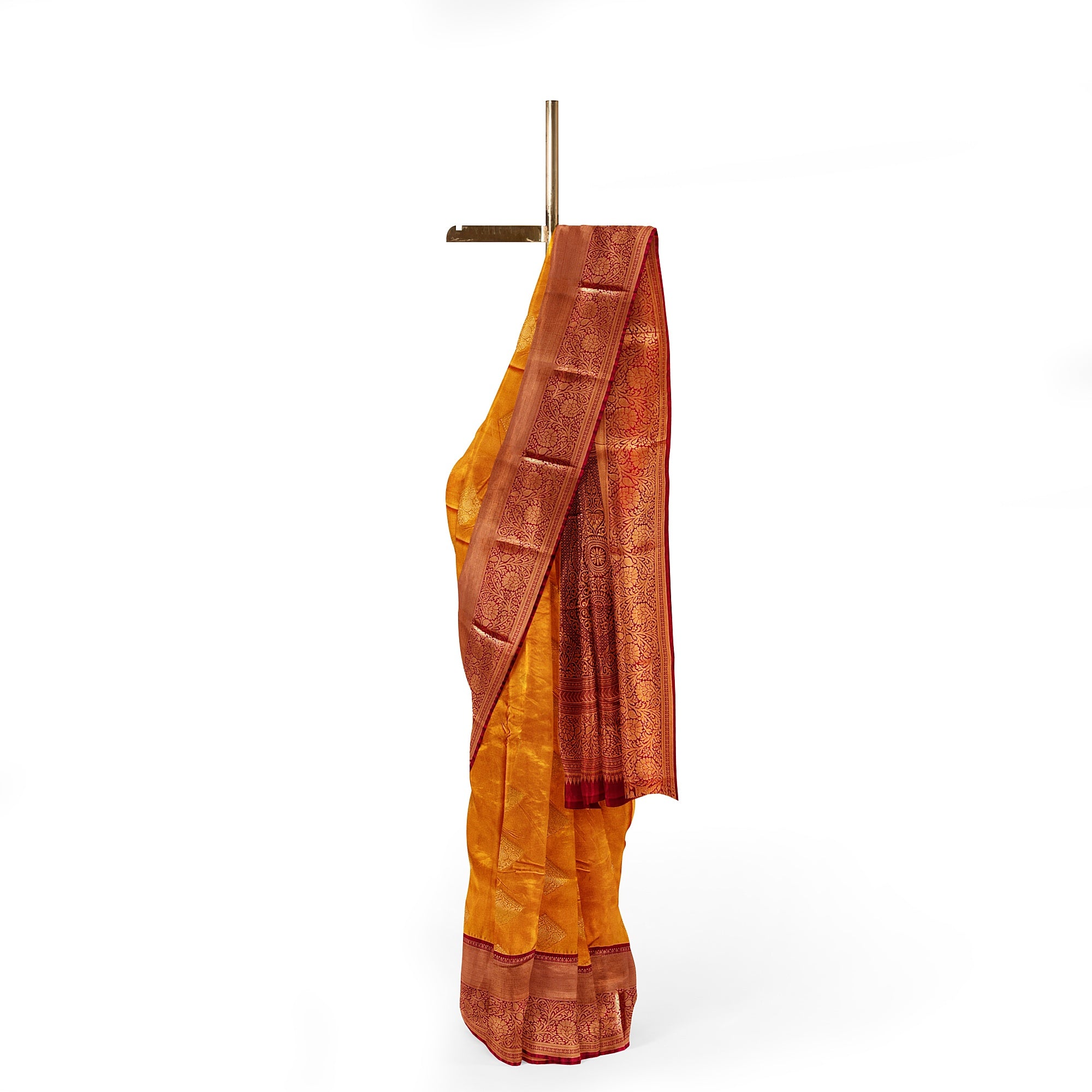 Mustard Yellow Saree with Maroon Red Border – Traditional Charm - New Sudarshan Silks`
