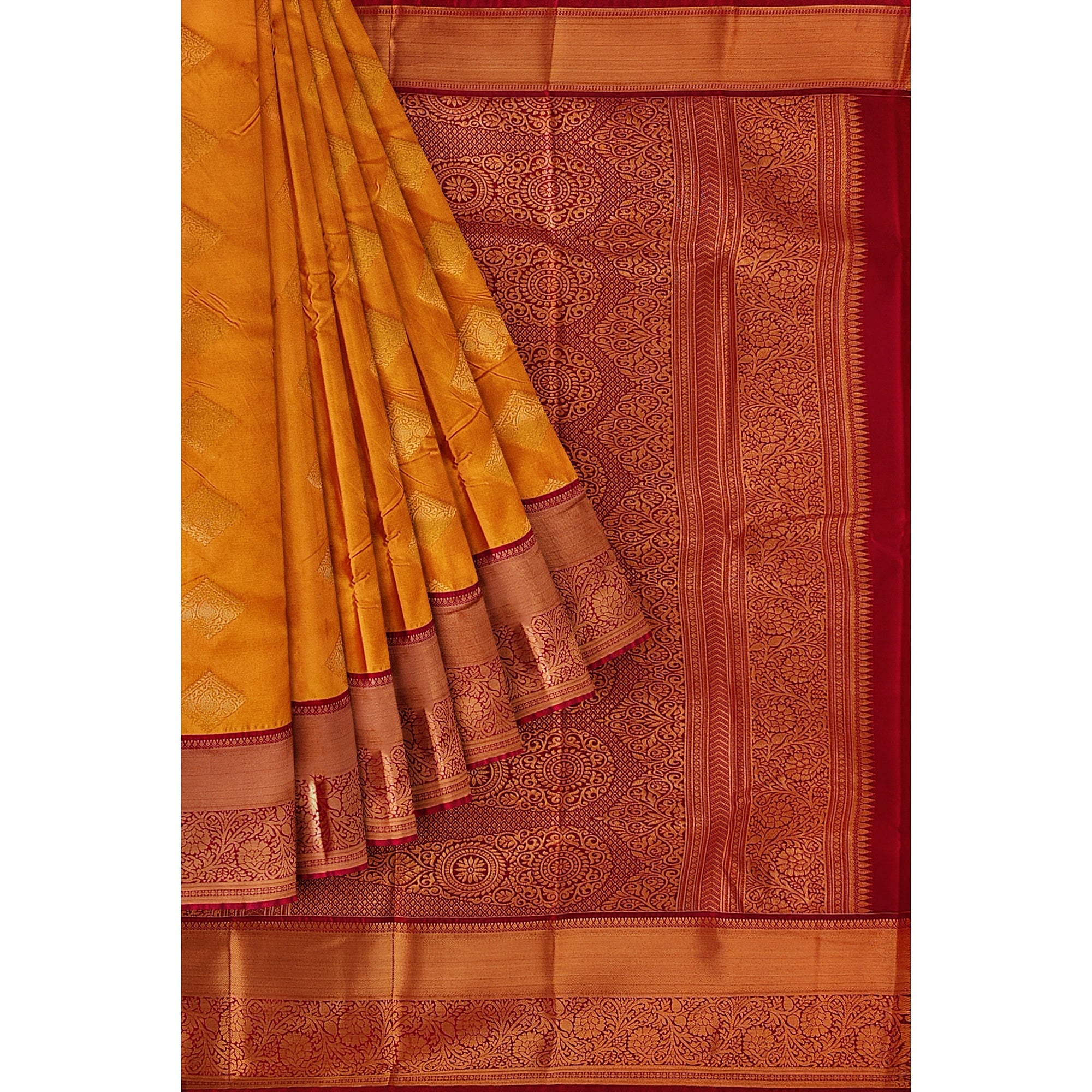 Mustard Yellow Saree with Maroon Red Border – Traditional Charm - New Sudarshan Silks`