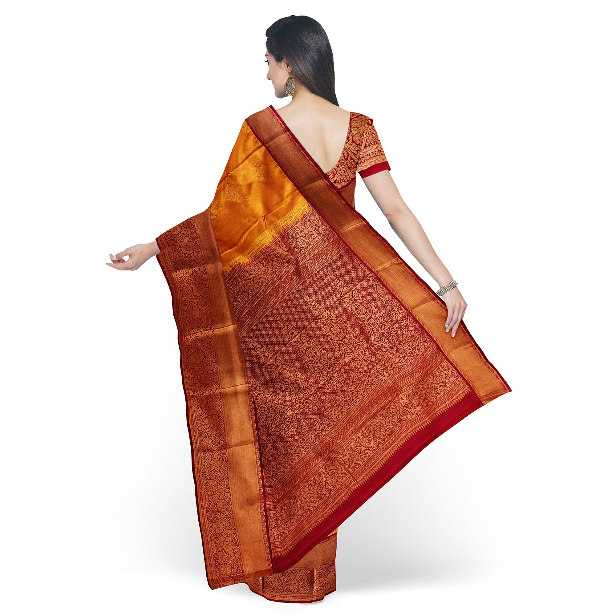 Mustard Yellow Saree with Maroon Red Border – Traditional Charm - New Sudarshan Silks`