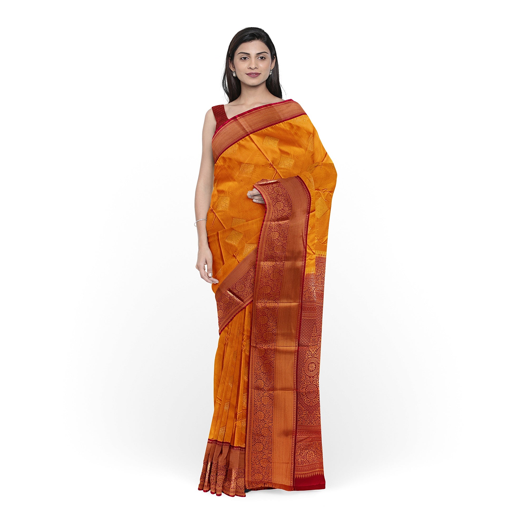 Mustard Yellow Saree with Maroon Red Border – Traditional Charm - New Sudarshan Silks`