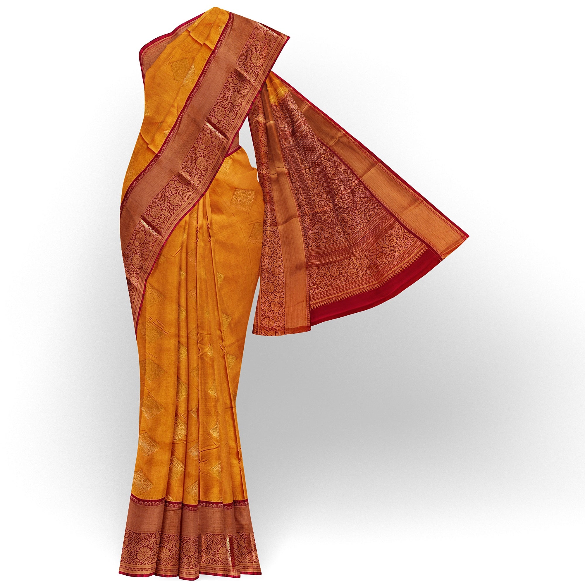 Mustard Yellow Saree with Maroon Red Border – Traditional Charm - New Sudarshan Silks`