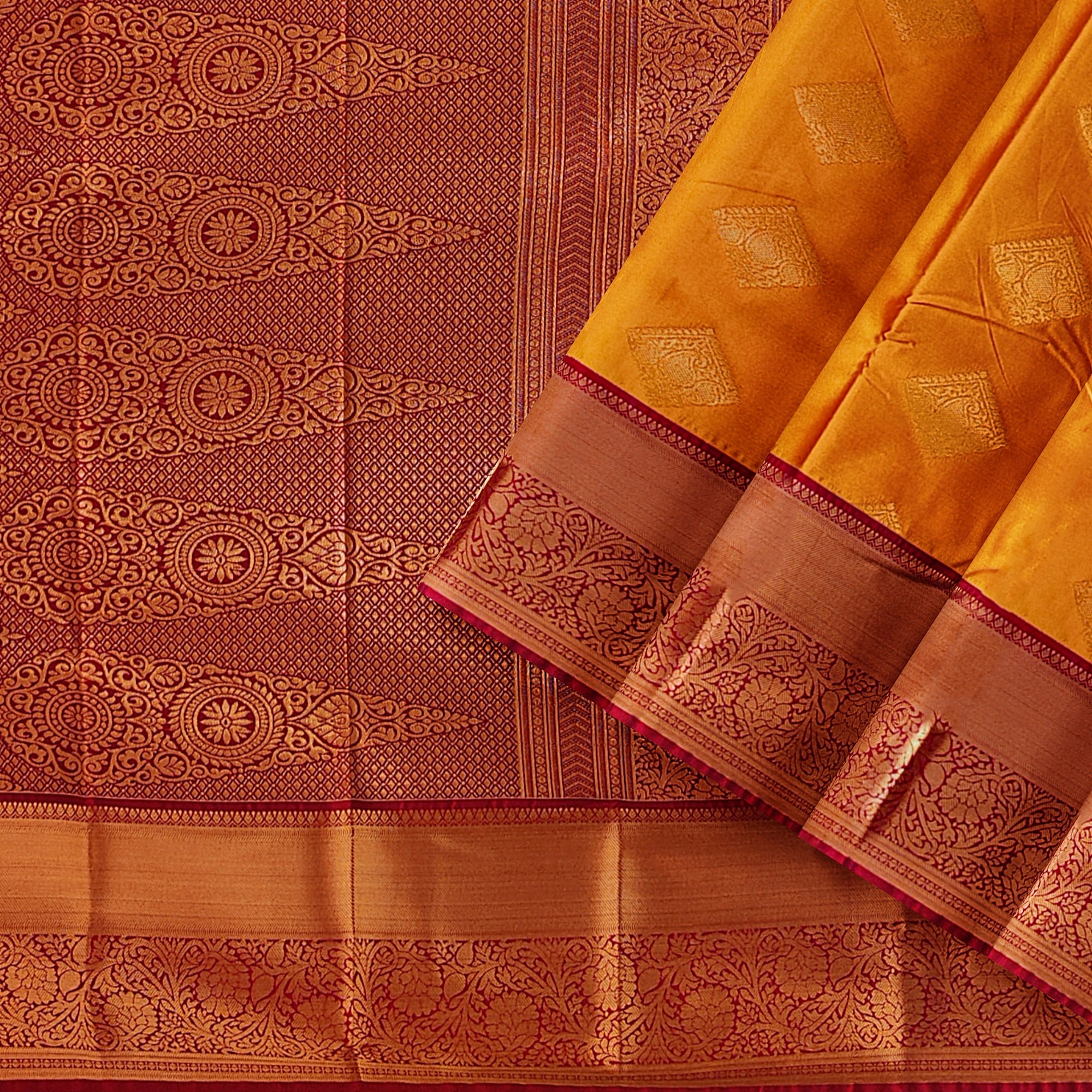 Mustard Yellow Saree with Maroon Red Border – Traditional Charm - New Sudarshan Silks`