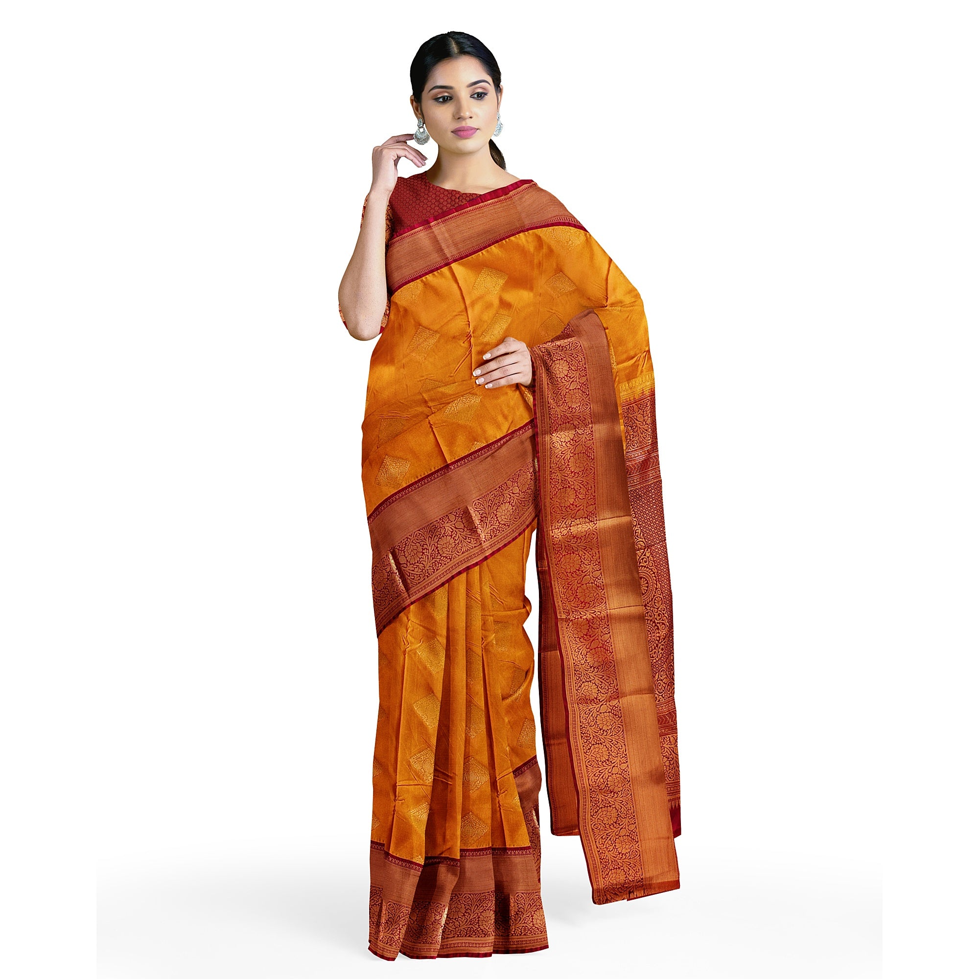 Mustard Yellow Saree with Maroon Red Border – Traditional Charm - New Sudarshan Silks`