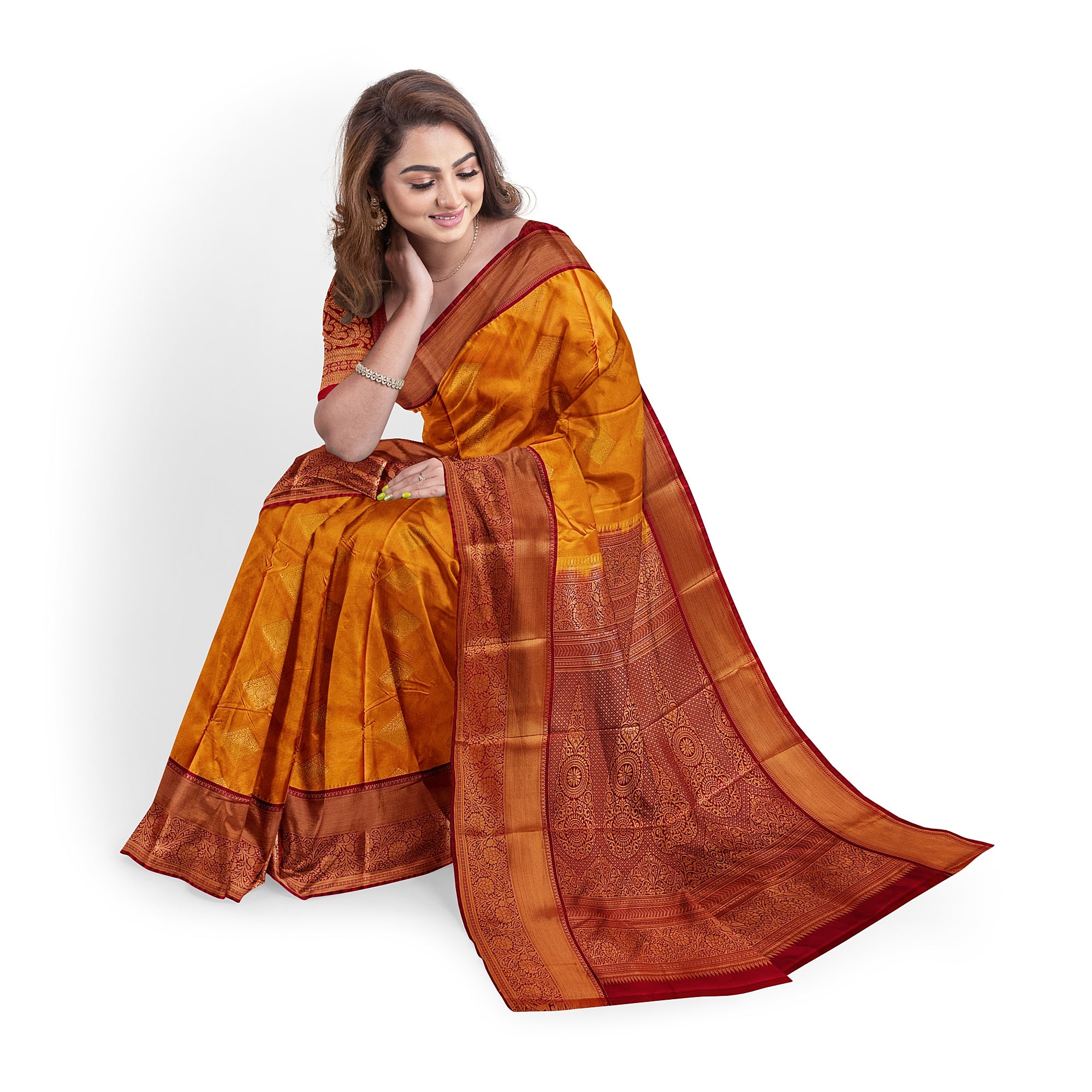Mustard Yellow Saree with Maroon Red Border – Traditional Charm - New Sudarshan Silks`